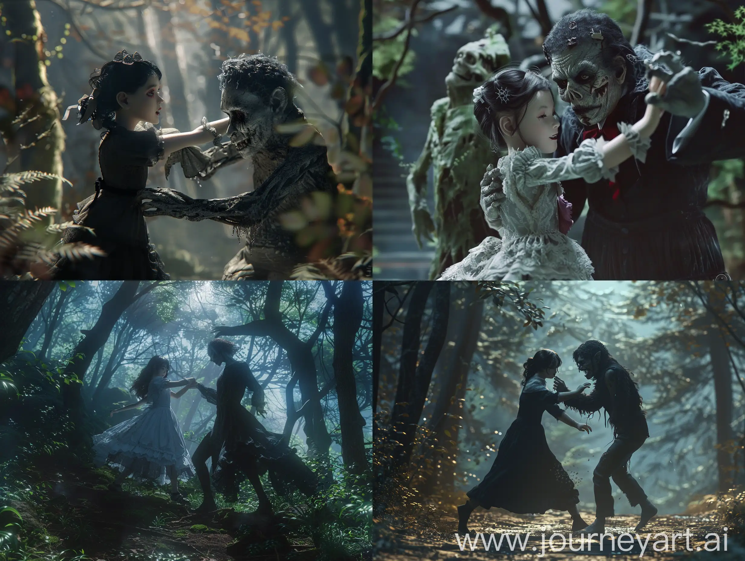 Fantasy-Movie-Scene-Japanese-Cute-Girl-and-Classic-Monsters-Dancing-in-Forest