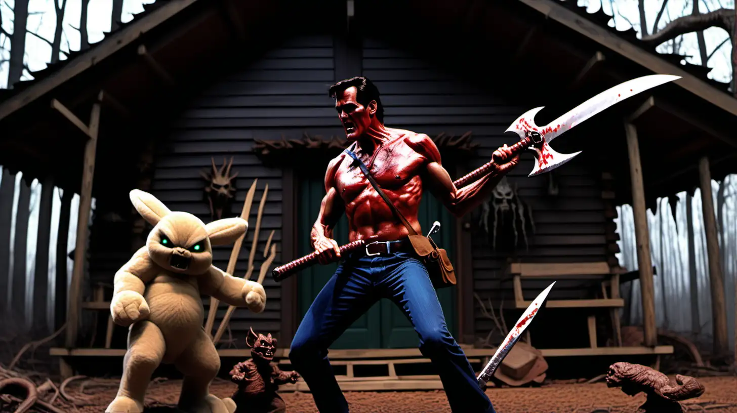 Ash Williams played by Bruce Campbell battling mega Lopunny posessed by demons from the Necronomicon in the style of Frank Frazetta.  Background is outside the cabin from Evil Dead. Ash is wielding an axe