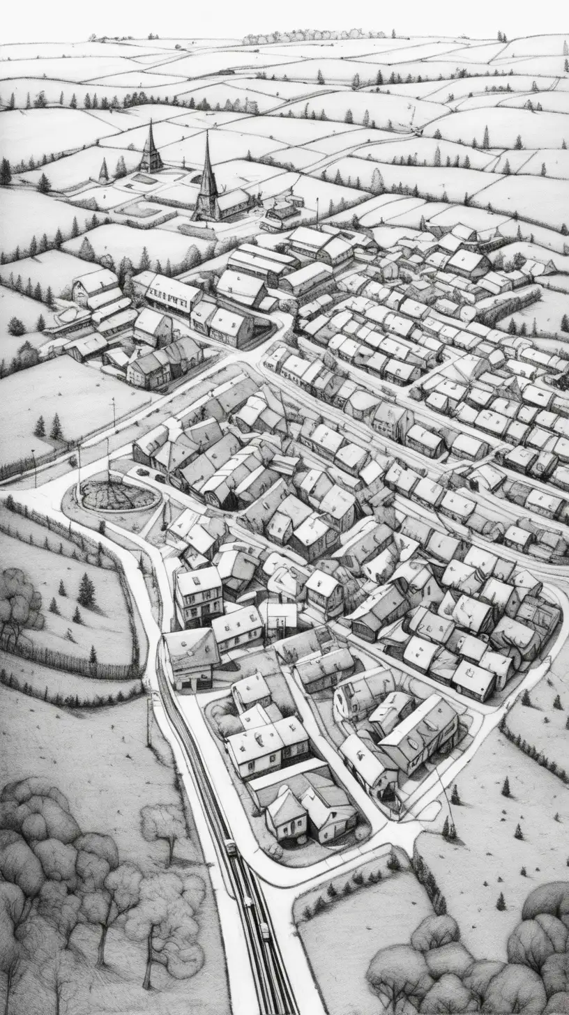 simple black and white line drawing of a small modern town  surroundings seen from a several kilometers distance from the air