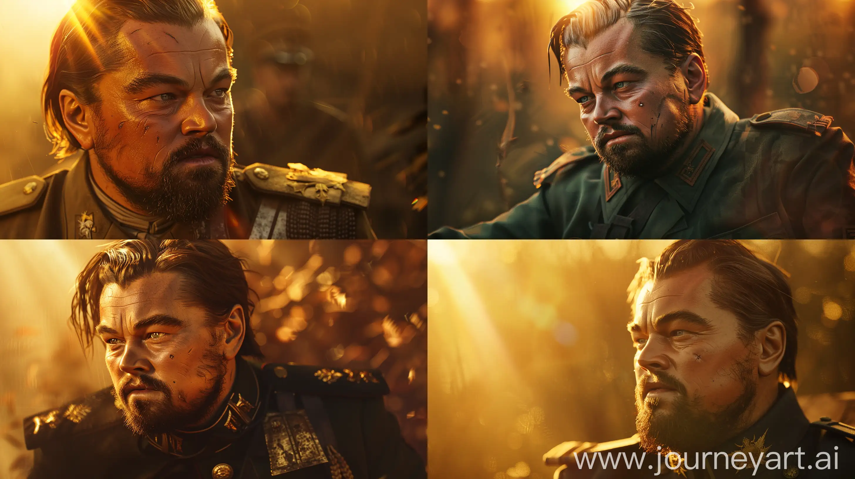 Movie Poster Photography: Leonard Dicaprio Wearing Military Uniform, Medium Hair and Beard, Looking to the Left, Realistic Sunlight Reflections, Creepy Theme, Substance Painter Software, Cinematic Pose, Medium Shot, High Precision, Midjourney V6 --ar 16:9
