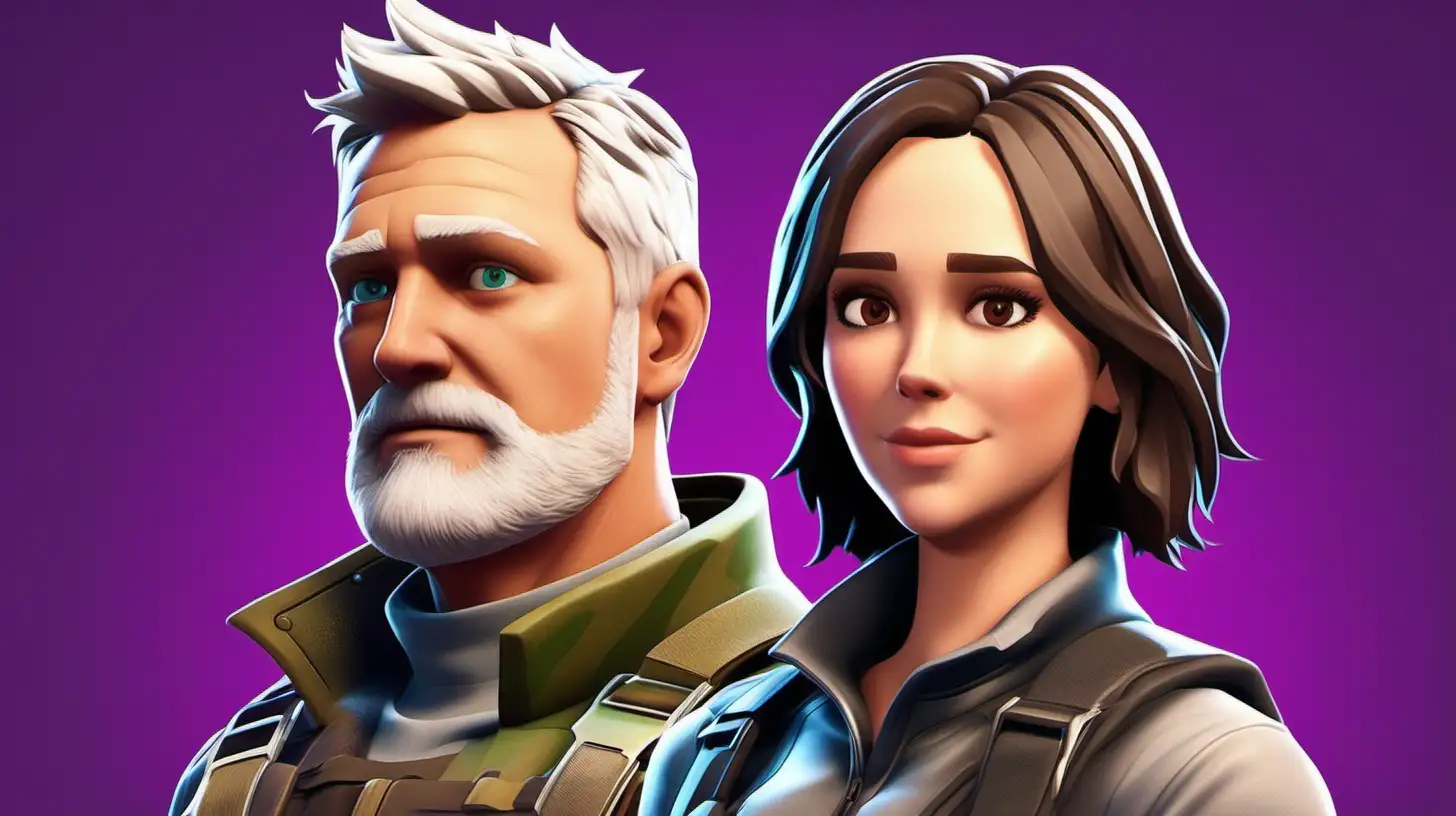 only 2 people, a white middle aged man soldier with very short grey hair and a very short grey beard, with a brunette woman with long brown hair who resembles ellen page in the style of the video game fortnite