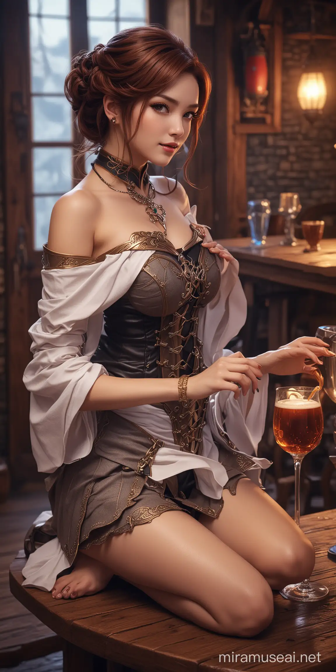 Elegant Oracle Idol Girl in Fantasy Tavern Setting