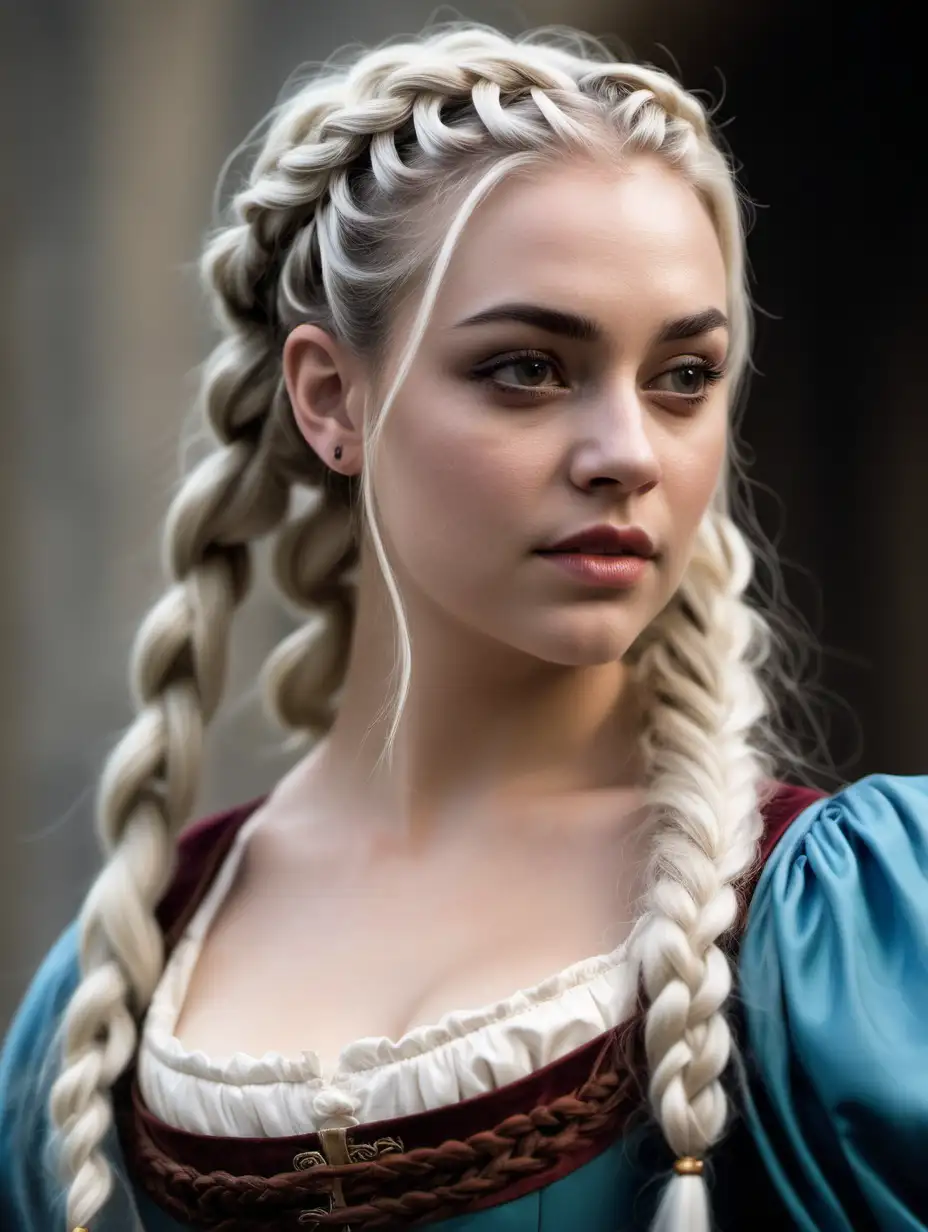 28 year old woman, long white wavy hair pulled back with braids, royal, renaissance dress, strong jaw, round face