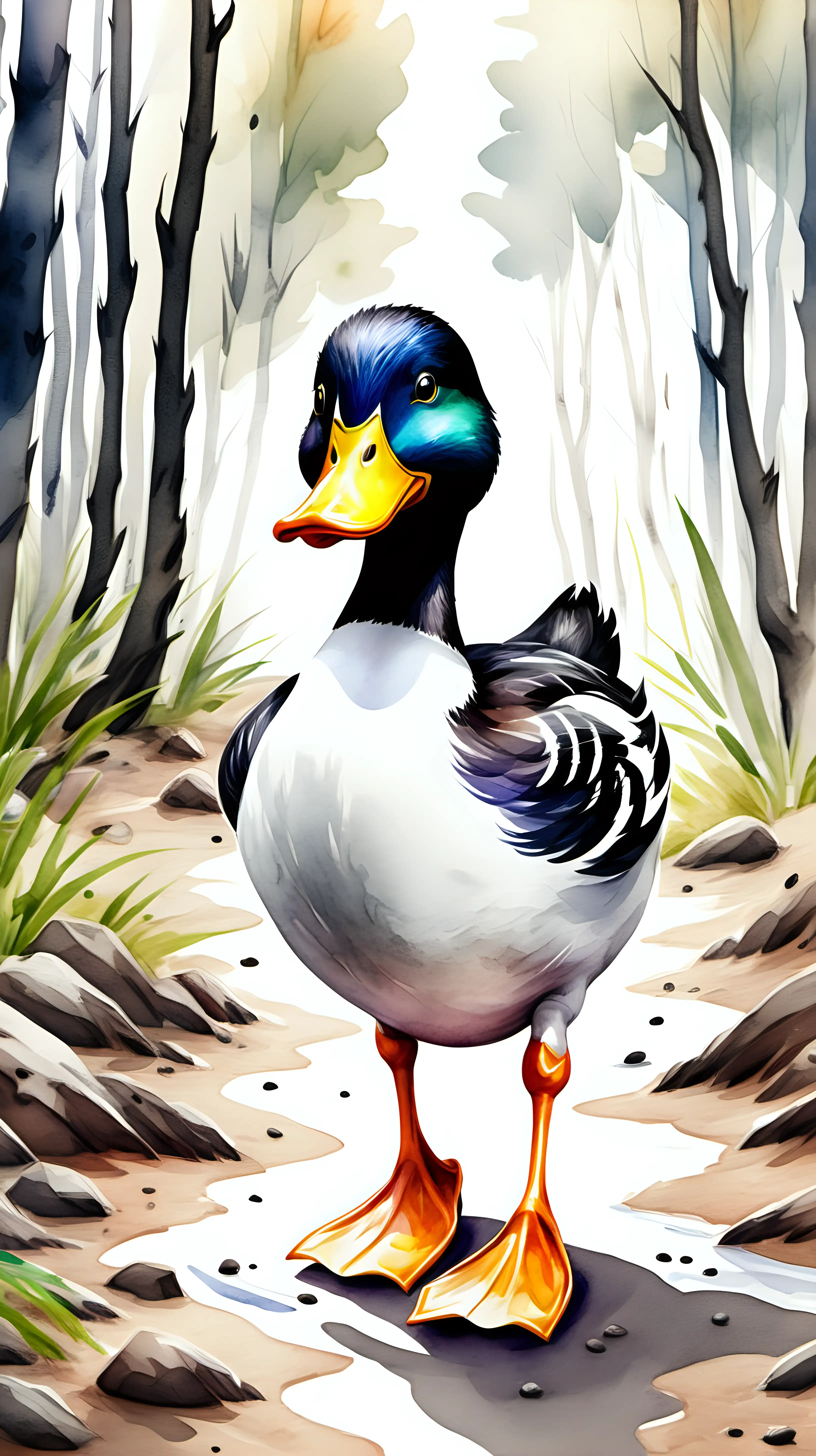 Playful Monochrome Duck Strolling Through a Vibrant Forest Wonderland