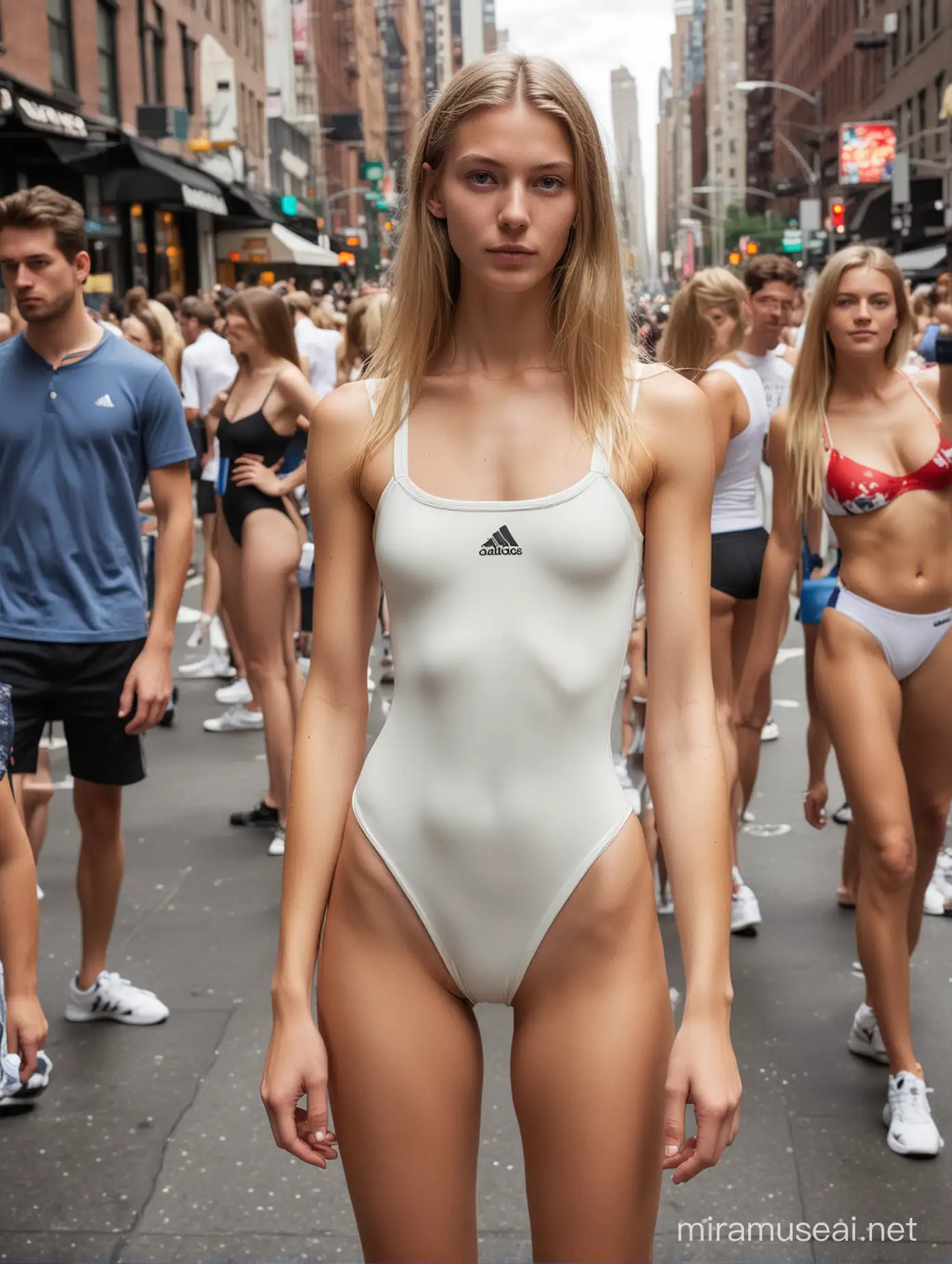Pretty beautiful, skinny tall 19-year-old Nordic woman model with long hair, wearing a small skimpy Adidas super-high-cut  one-piece swimsuit, standing in a crowded street in New York,