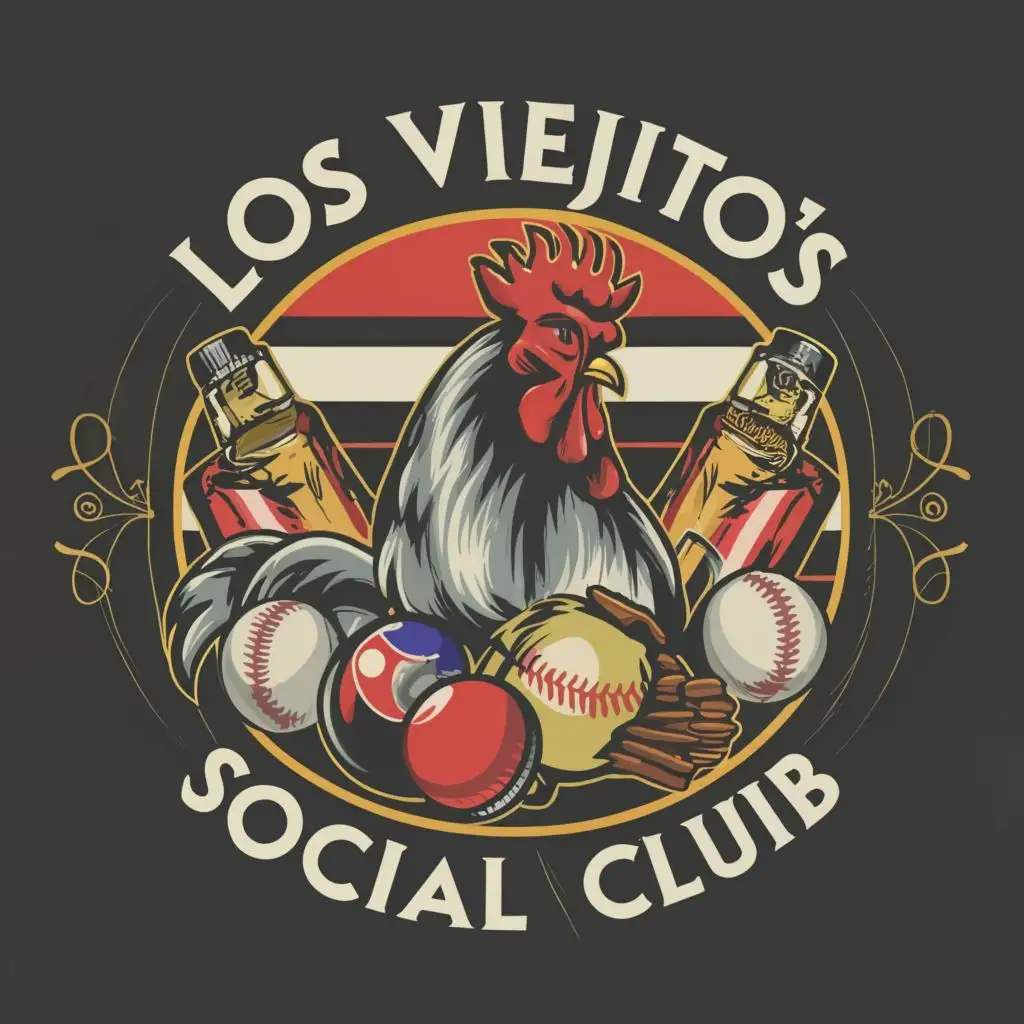 logo, Billiard balls, liquor bottles, a rooster, baseball with a Puerto Rican flag, with the text "Los Viejito's Social Club", typography, be used in Entertainment industry