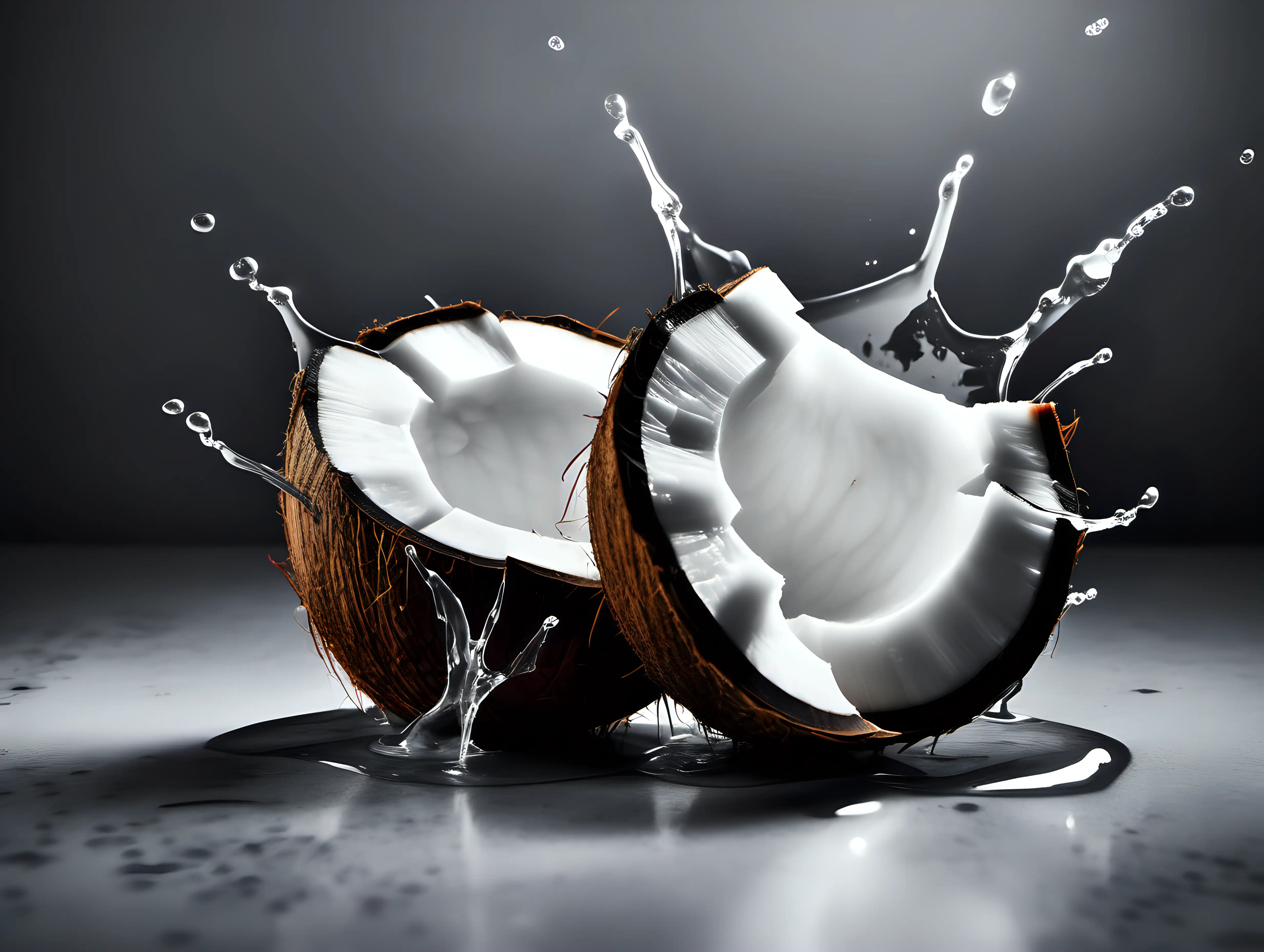 Freshly Split Coconut with Abundant Leaking Oil on Elegant Black Background