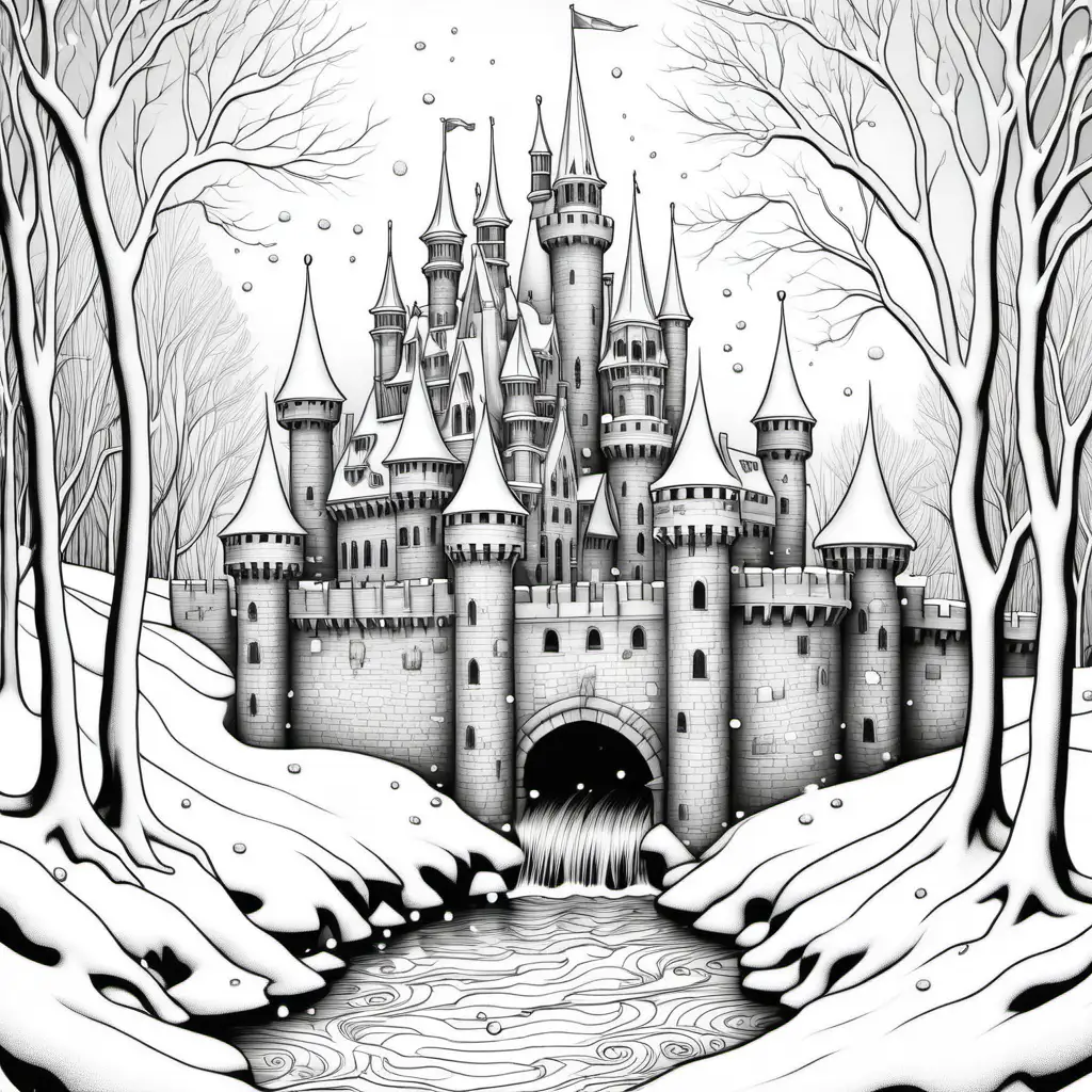 Detailed Winter Castle Coloring Page with Moat and Snow