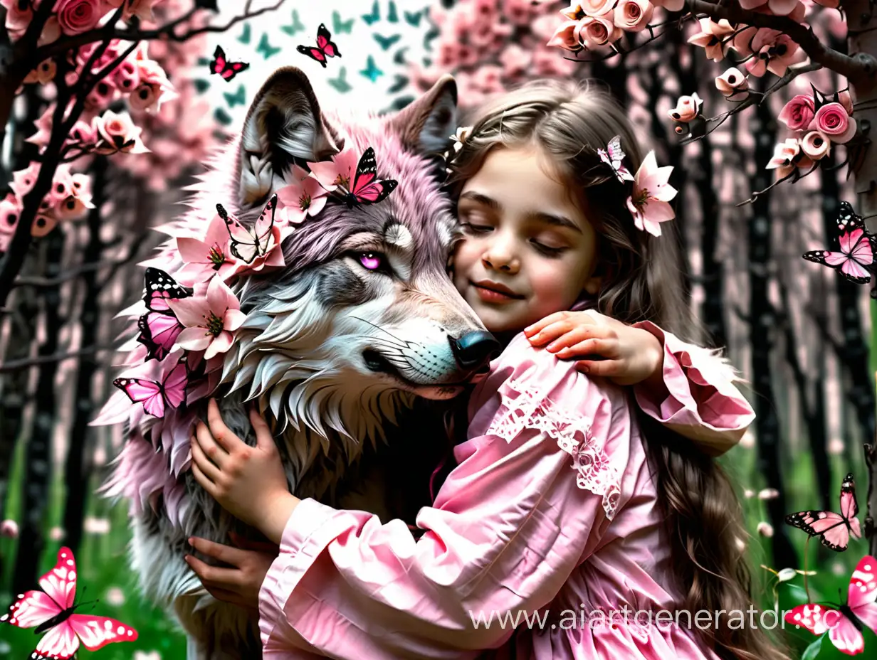 Молодая девушка в розовом обнимает волка. Весна. Бабочки. 