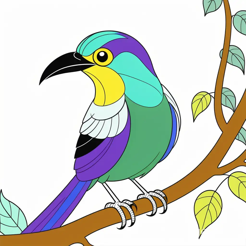 Costa Rican bird with colors blue green yellow purple, Coloring Page, black and white, line art, white background, Simplicity, Ample White Space. The background of the coloring page is plain white to make it easy for young children to color within the lines. The outlines of all the subjects are easy to distinguish, making it simple for kids to color without too much difficulty