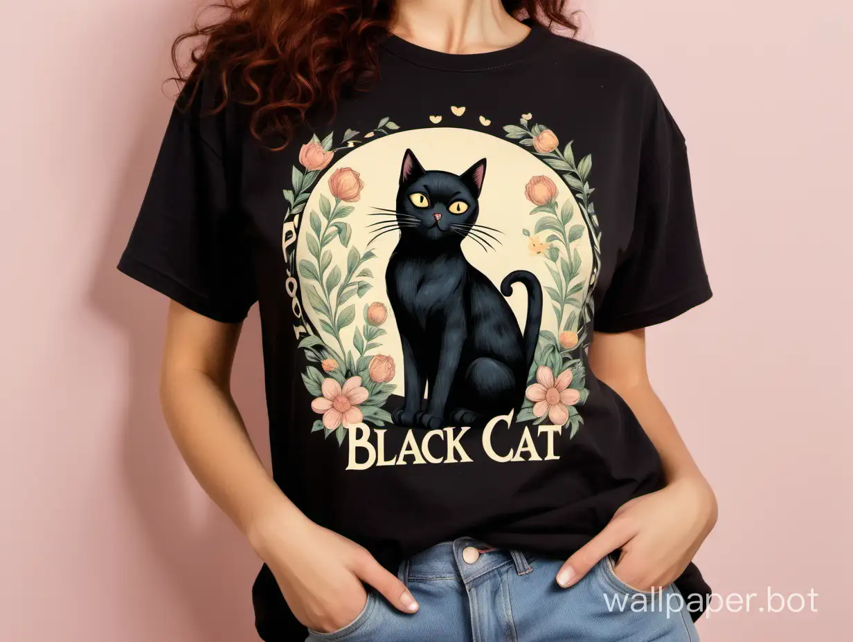 Black Cat T-shirt, Bohemian Lettering, Cottagecore Shirt, Oversized Vintage Cat T-shirt, Pastel Black Cat Shirt, Cat Lover Shirt