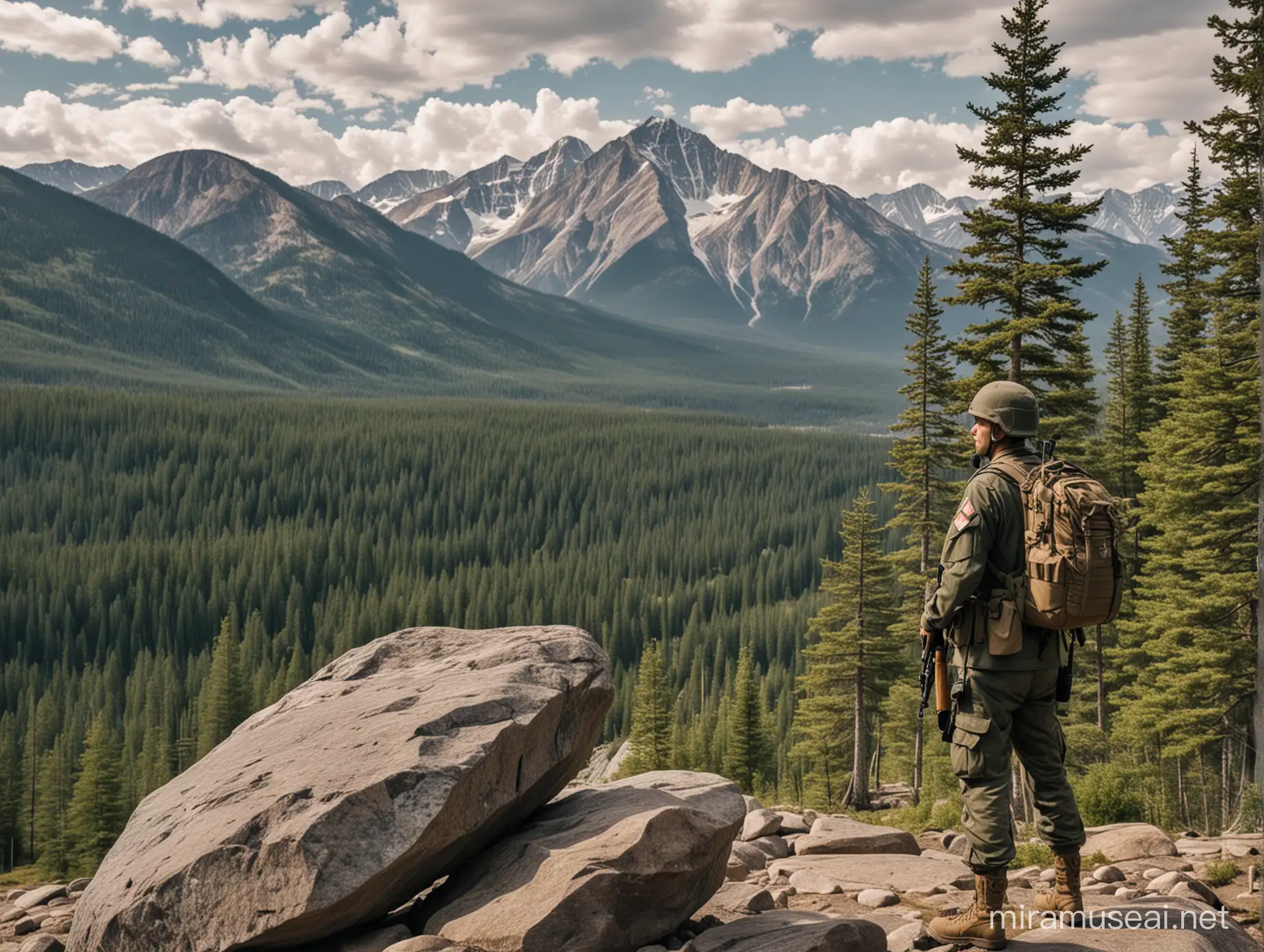 Solitary Soldier Contemplating Mountainous Landscape