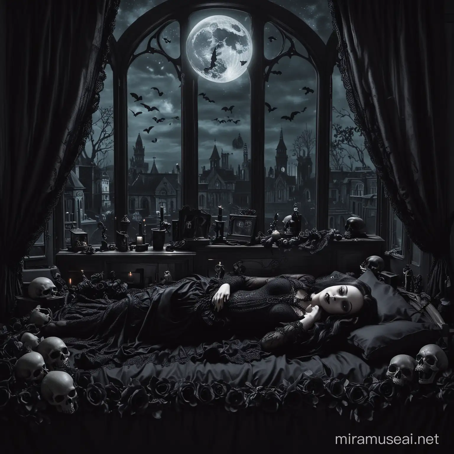 Seductive Gothic Beauty Morticia in Black Baby Dolls on Moonlit Bed