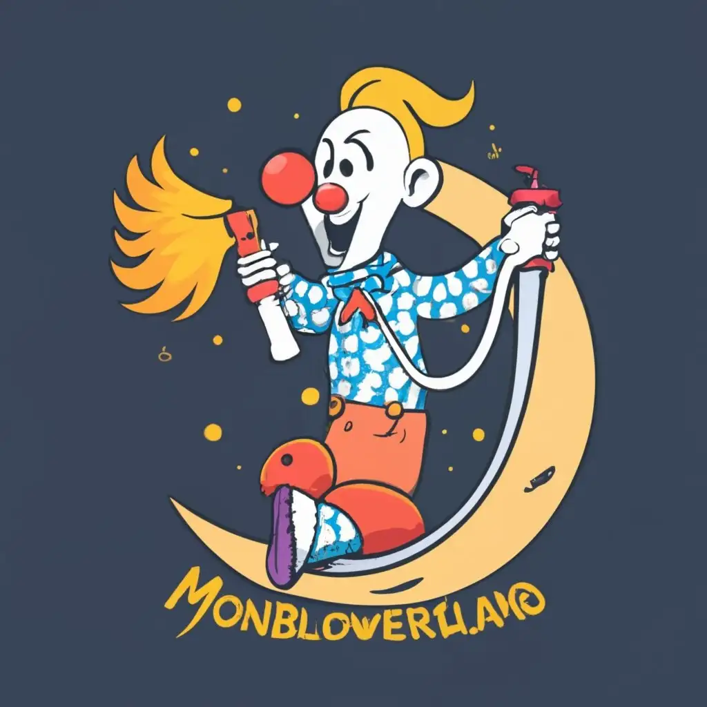 logo, A clown with a fire extinguisher that is making out a half size burning moon, with the text "Moonblowersland", typography