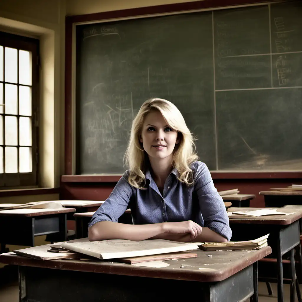 Generate an image of a blonde teacher sitting at a worn teacher desk in a vintage classroom. There's a large window behind her, allowing natural light to filter through. The classroom is old, with dusty and broken items scattered around. Place an overhead projector near a blackboard, and convey the nostalgic atmosphere of an older educational setting. Capture the teacher's presence in this aged environment, emphasizing the unique charm of the well-used classroom.

