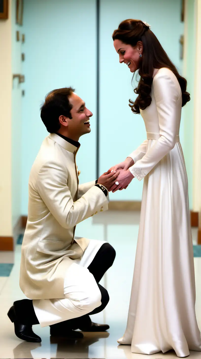young adult indian andean man on one knee proposes to Young adult Kate Middleton long dark brown hair, who cries with joy, long sleeved snowy white stretch silky satin evening dress and white pumps, in very brightly corridor