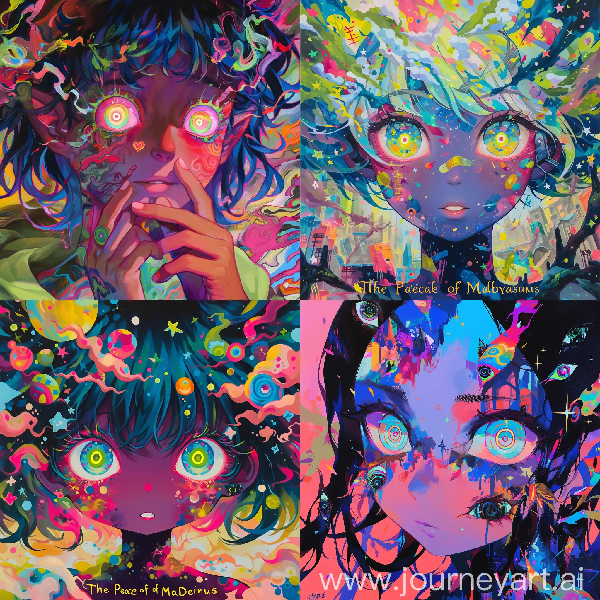 anime girl, surrealism, The Peace of Madness, The adventure begins, trippy, hallucination, psychedelic, acid pixie, ringed pupils, acrylic painting, anime key visual, extremely beautiful face, dark skin --niji 6