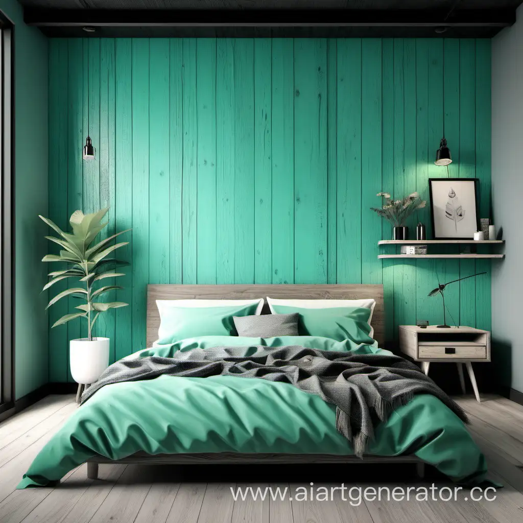 Turquoise accent wall, green bedroom, grey wooden floor in bedroom loft style 