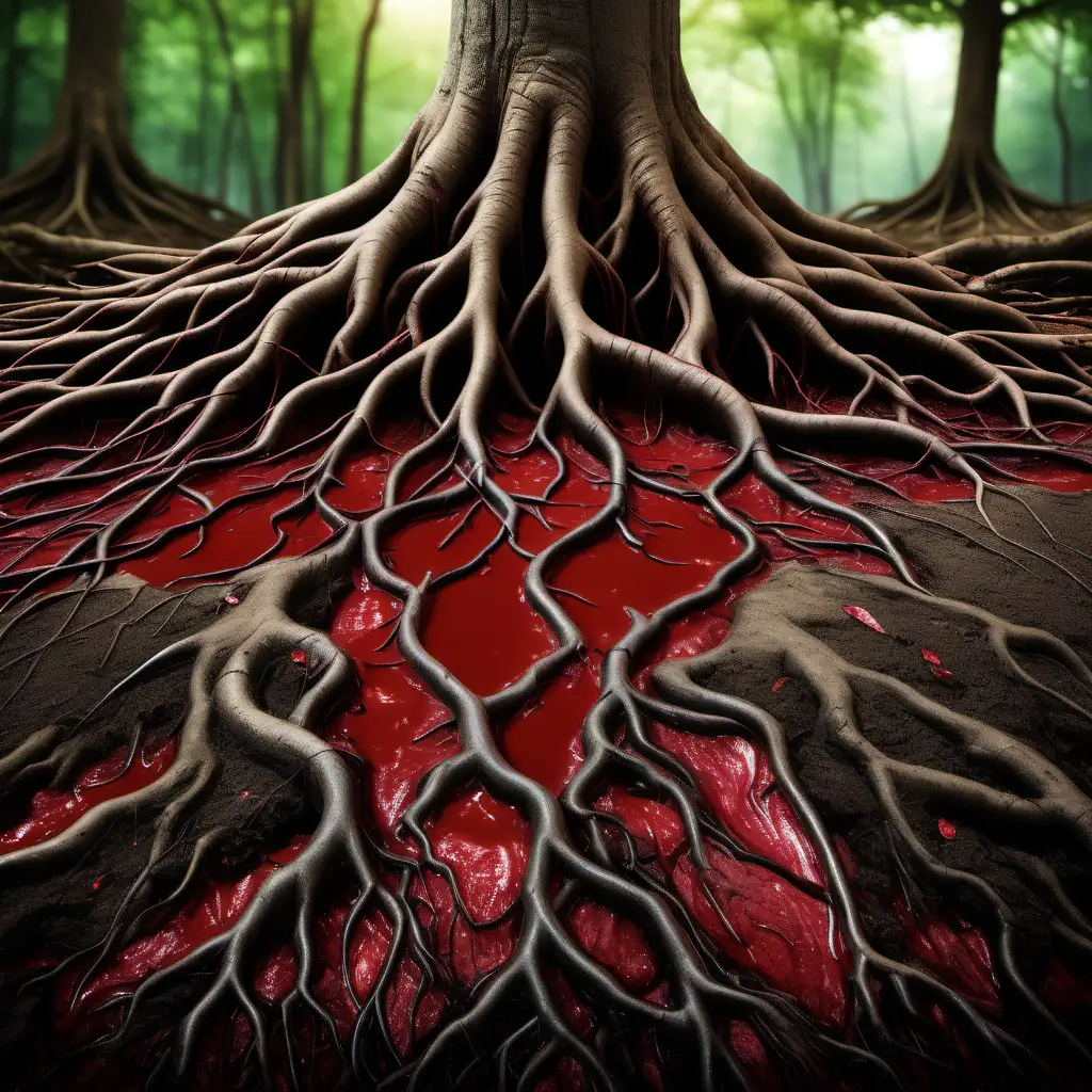 tree roots with blood of the earth (forest background)