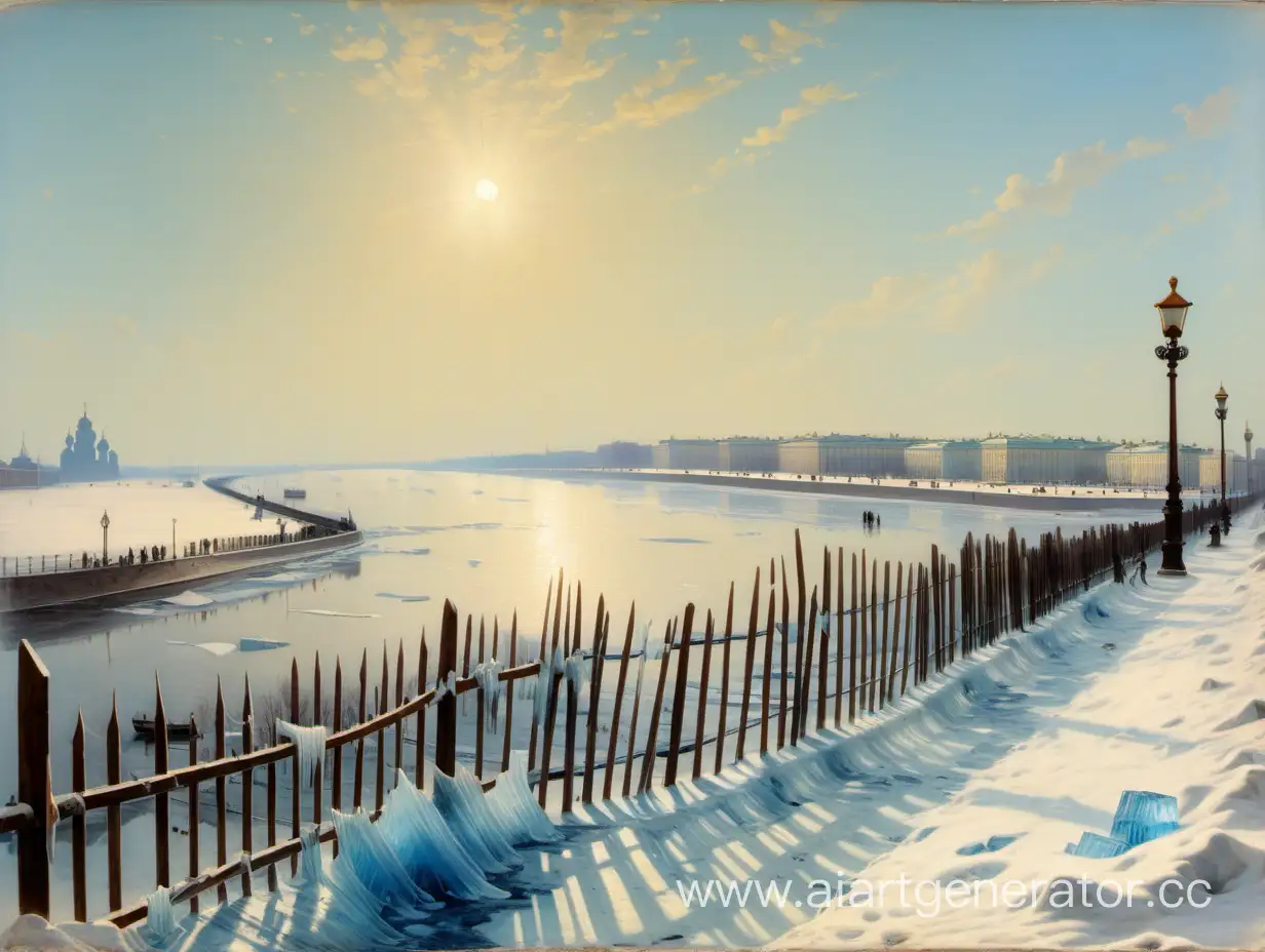 весенний пейзаж. Санкт-Петербург 19 века. Бульвар с забором, внизу Нева с синими иссечёнными льдами. Солнце, тает грязный снег