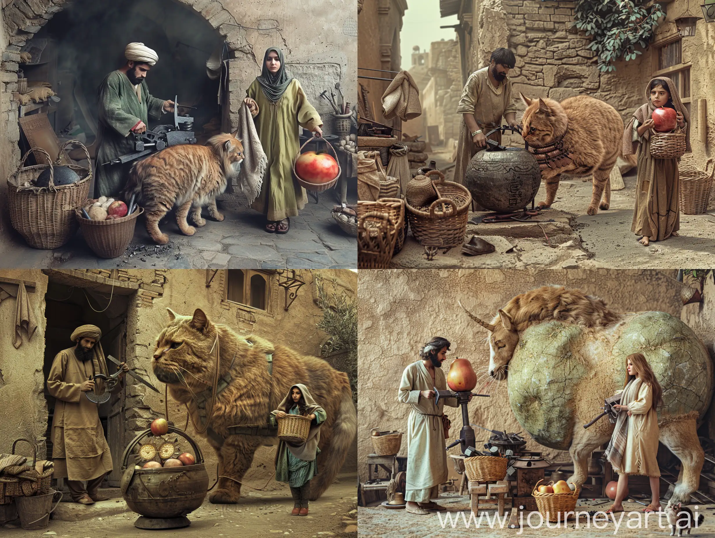 An ancient young blacksmith man in the city of Arg Bam, Kerman, is making iron shoes and iron armor for a giant horse-sized Persian cat, whose sister is holding two baskets, one full of shawls and the other an giant apple as big as a watermelon. She walks into blacksmithing, hyper realistic photo