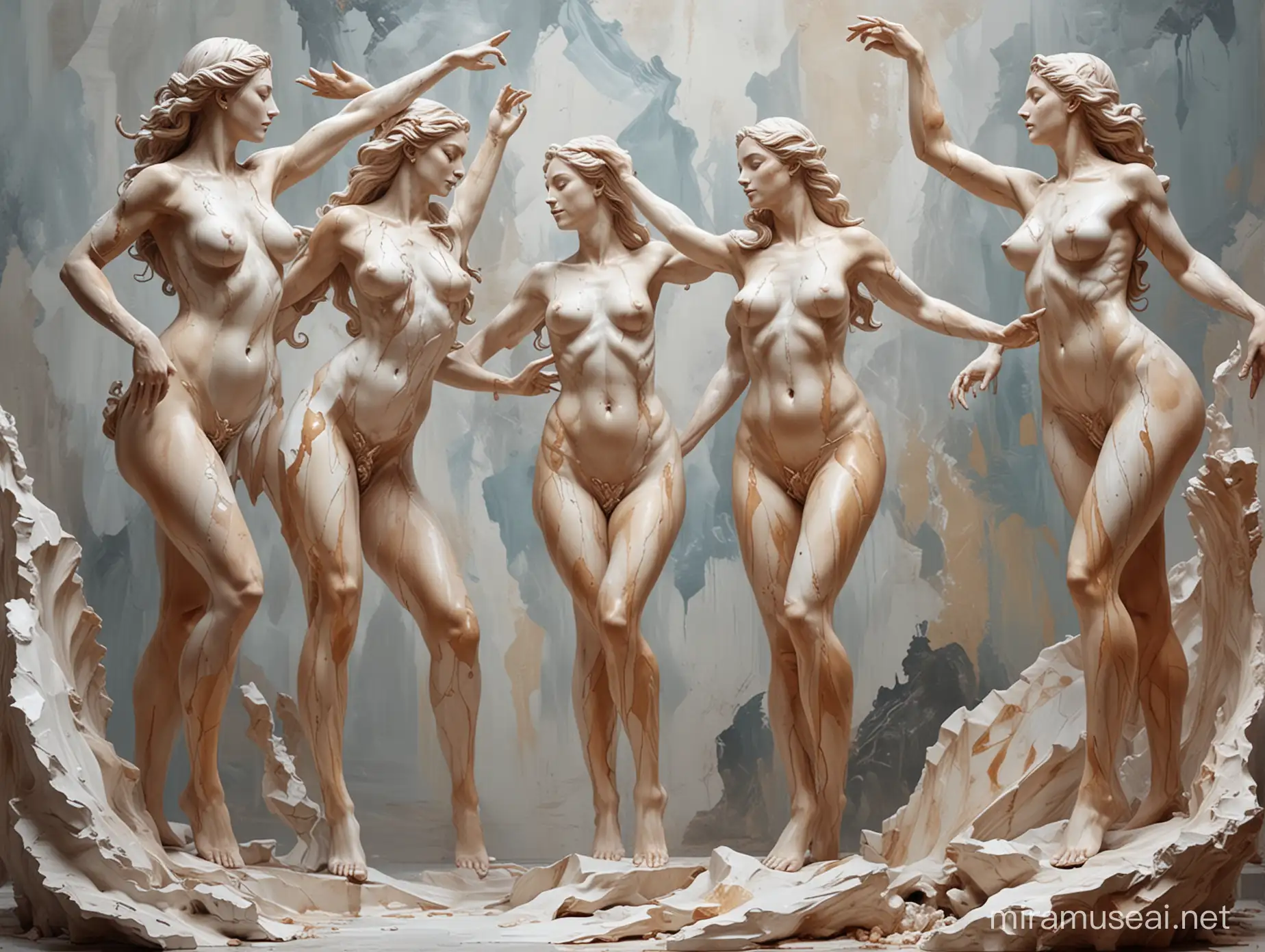 The Three beautiful Women have body painting dancing in different positions, with Broken Marble Woman statue as Venus, emulating a realistic.  In abstract landscape. Oil Painting, 
