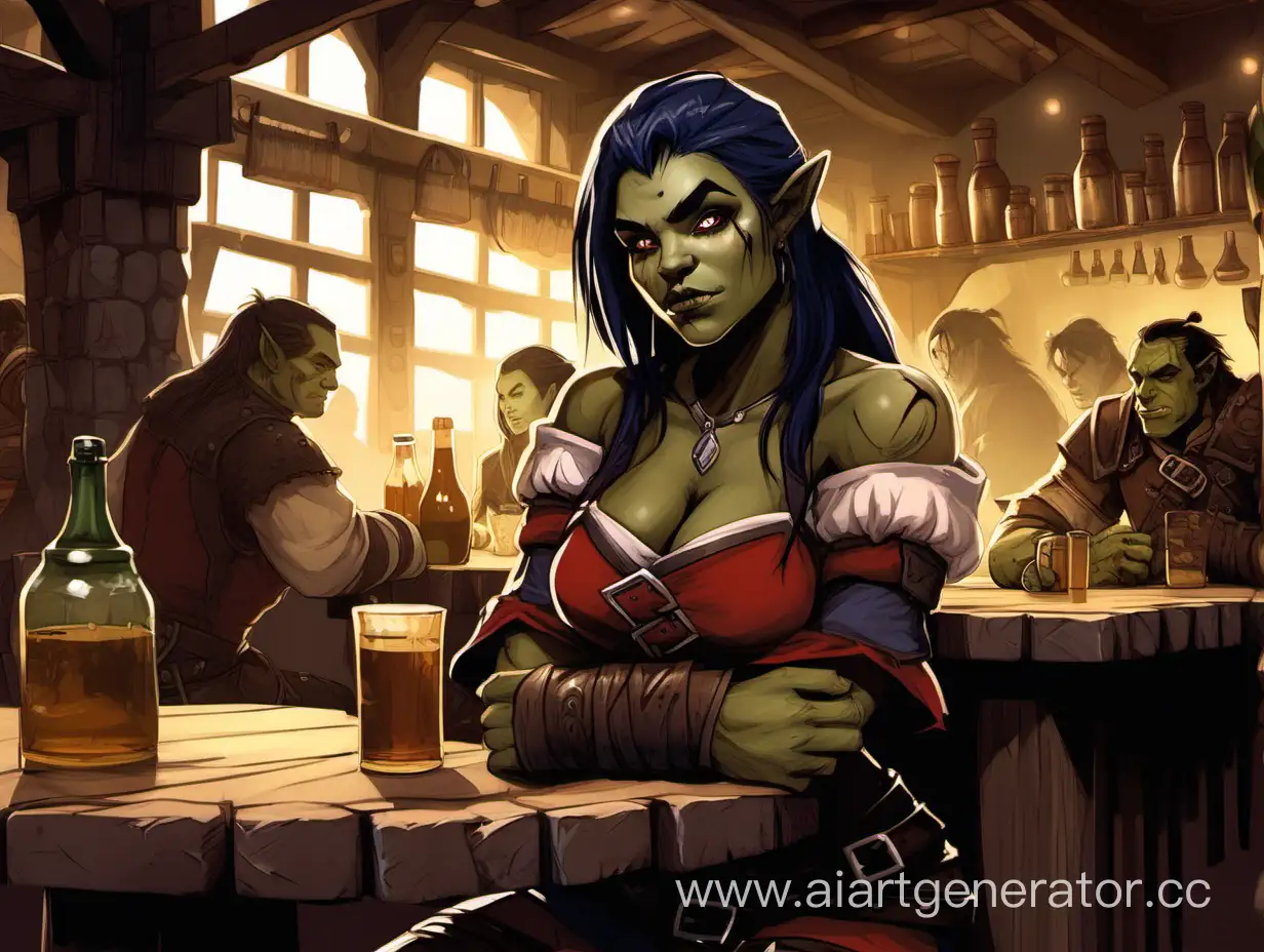 HalfOrc-Human-Hybrid-Girl-Relaxing-in-a-Vibrant-Tavern-Atmosphere
