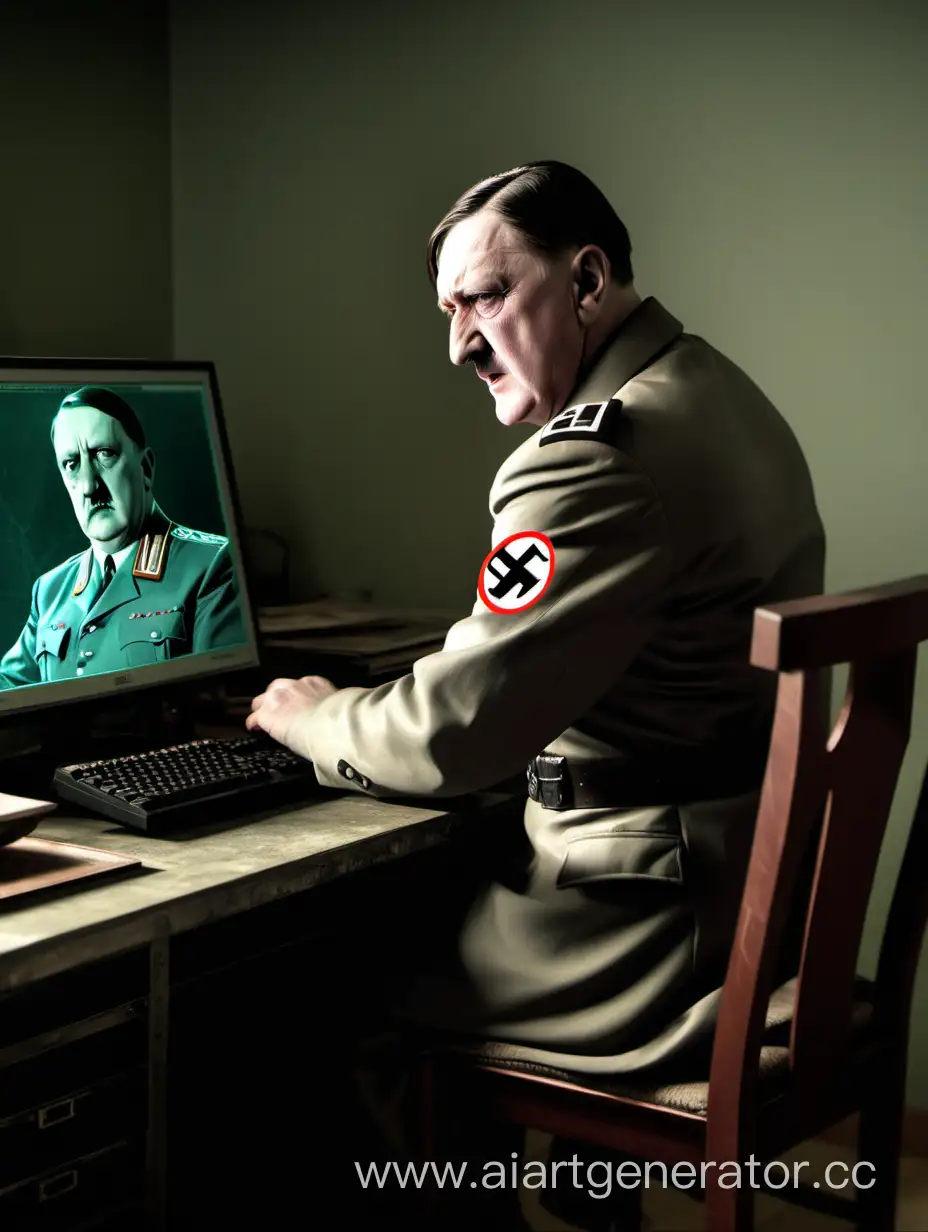 Гитлер сидит за компьютером, на компьютере запущена игра dota 2, историческое фото