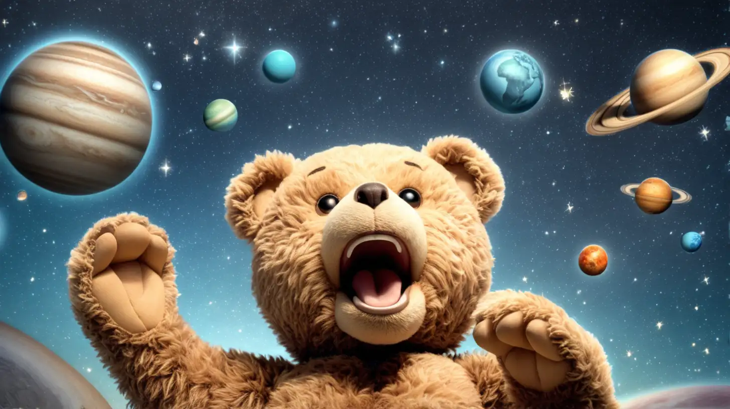 teddy bear shouting at the sky with planets in the background