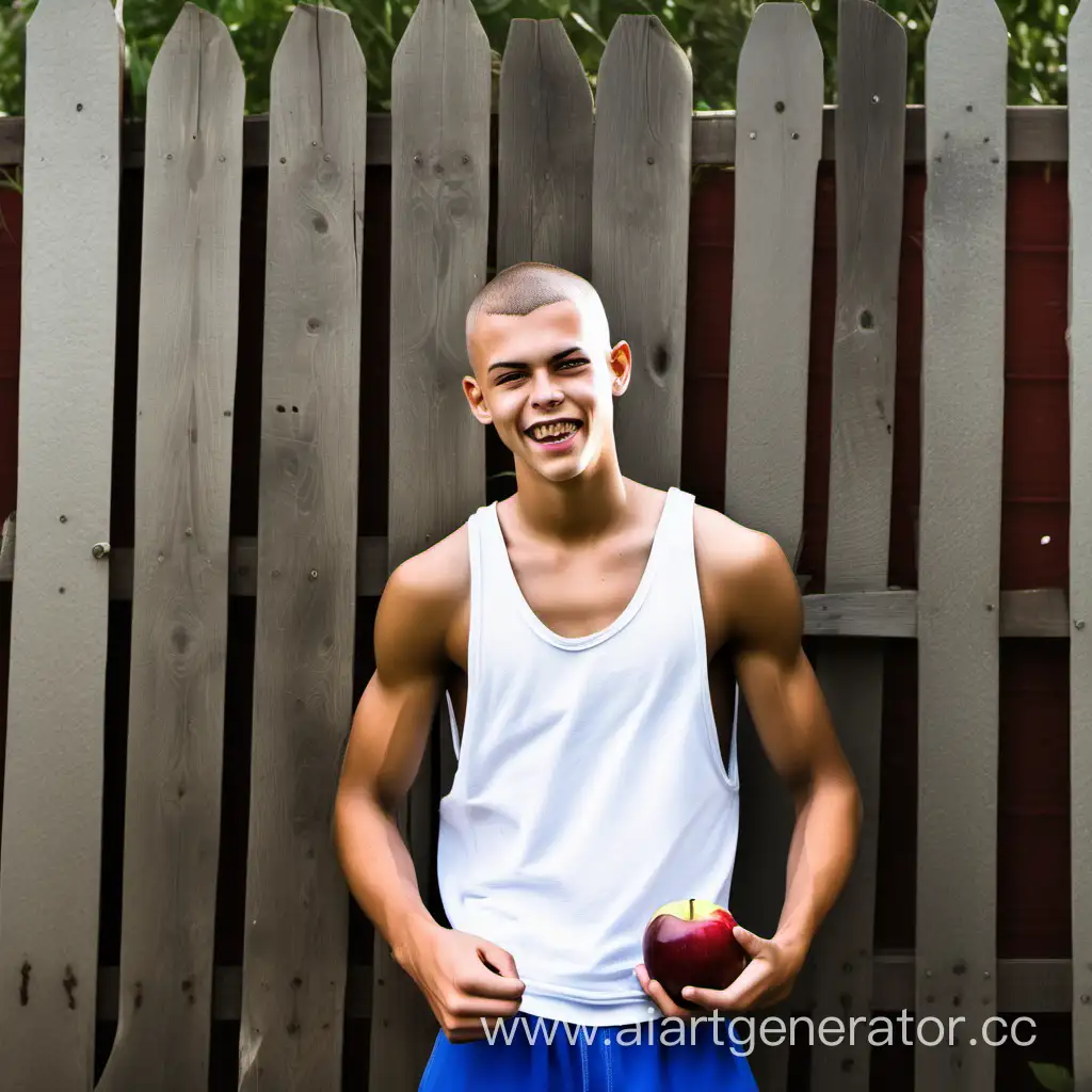 Rebellious-Teenage-Hooligan-Leaning-Against-Wooden-Fence-with-Apple