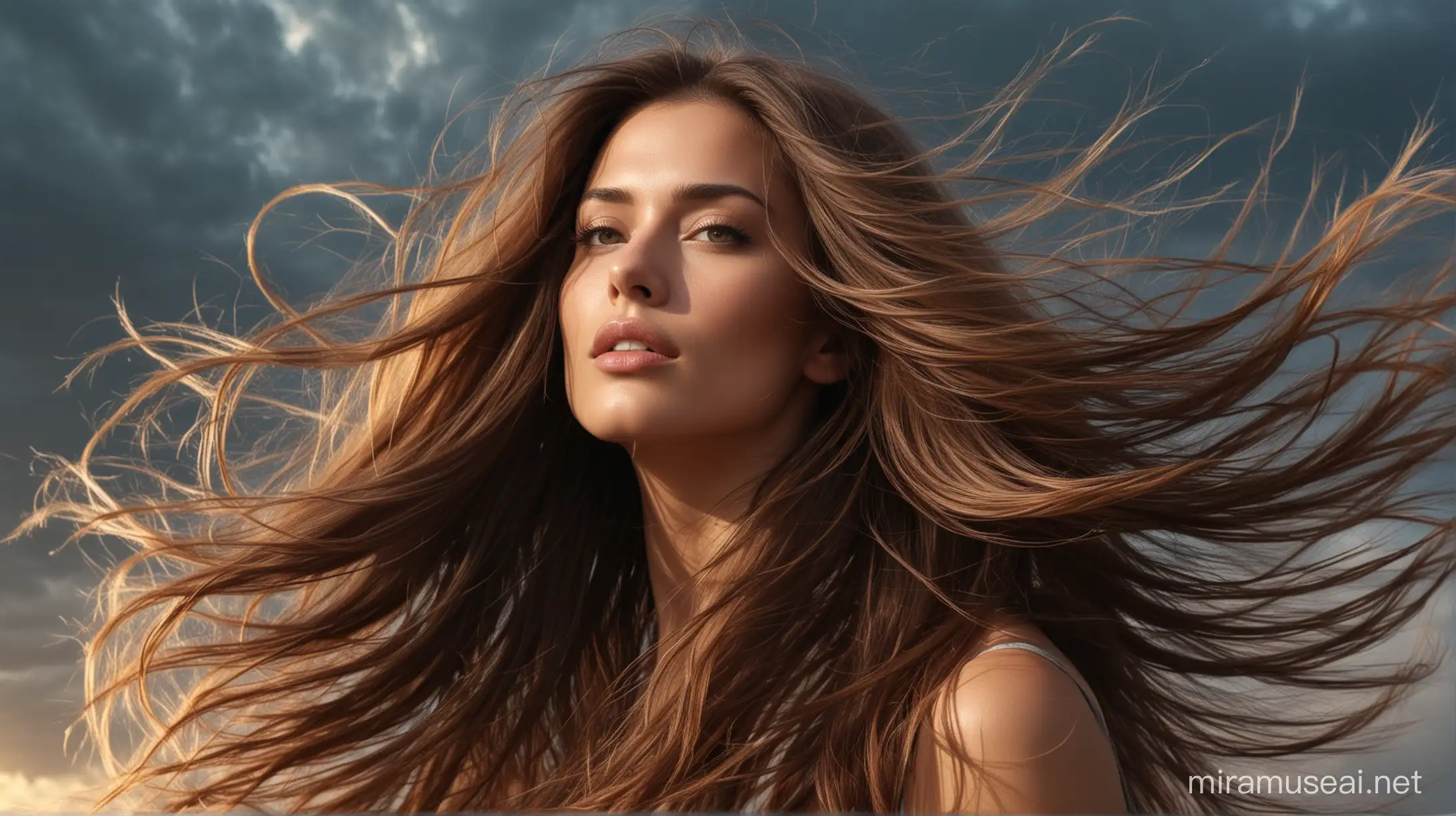 Beautiful woman with long hair , wind blowing her hair, extremely detailed face, intricate , sharp focus, shape lines , extremely detailed , Evening sky , shot from the back