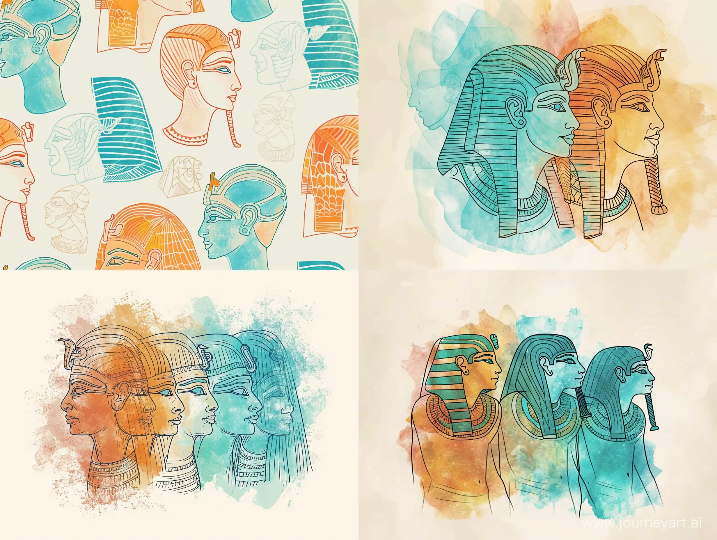 outlines of ancient Egypt, on a light background, delicate colors, linear, colors, ochre, orange, turquoise, light brown, blue stylized caricature, watercolor, decorative, flat drawing