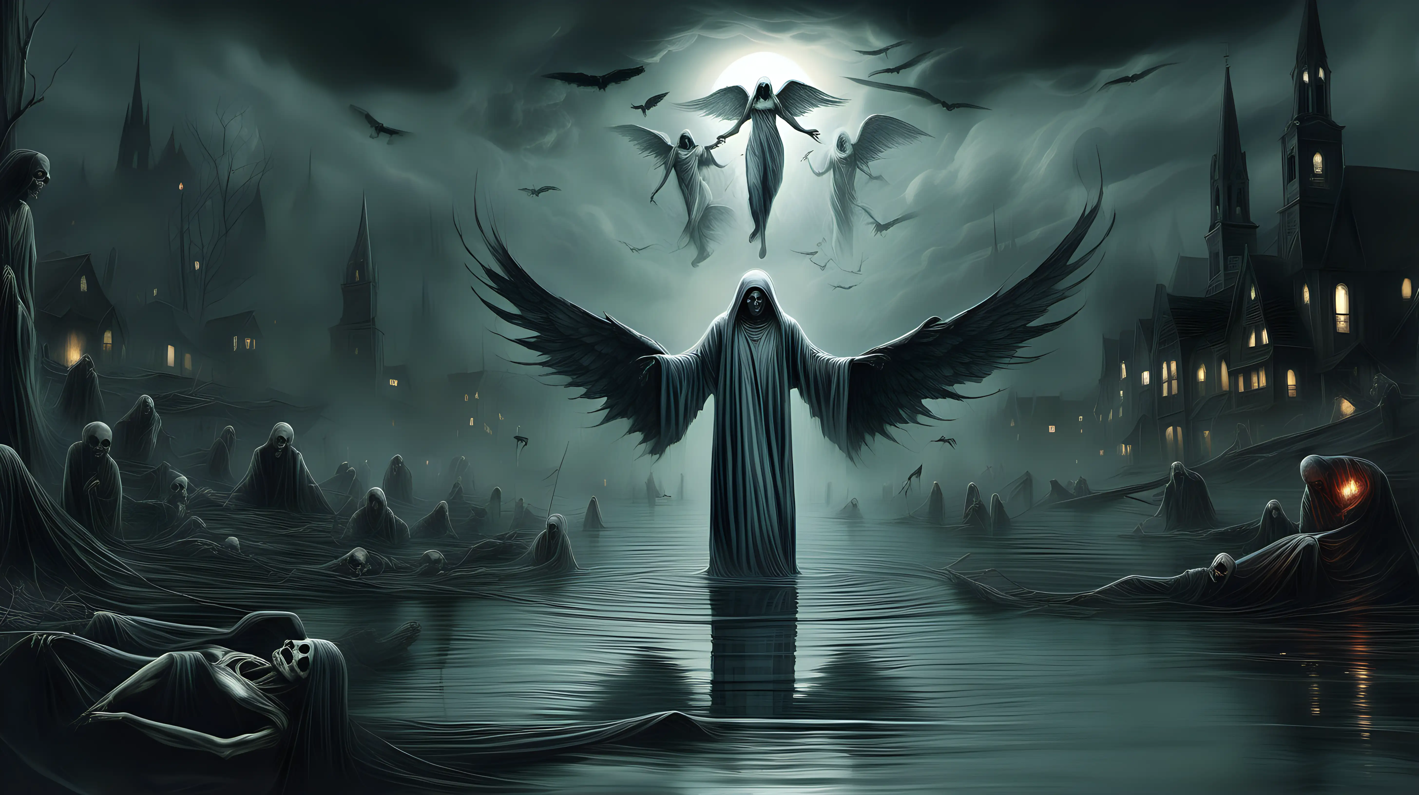 "Design a chilling portrayal of the Angel of Death looming over a ghostly river, its reflection revealing the tormented faces of those who have met their demise."