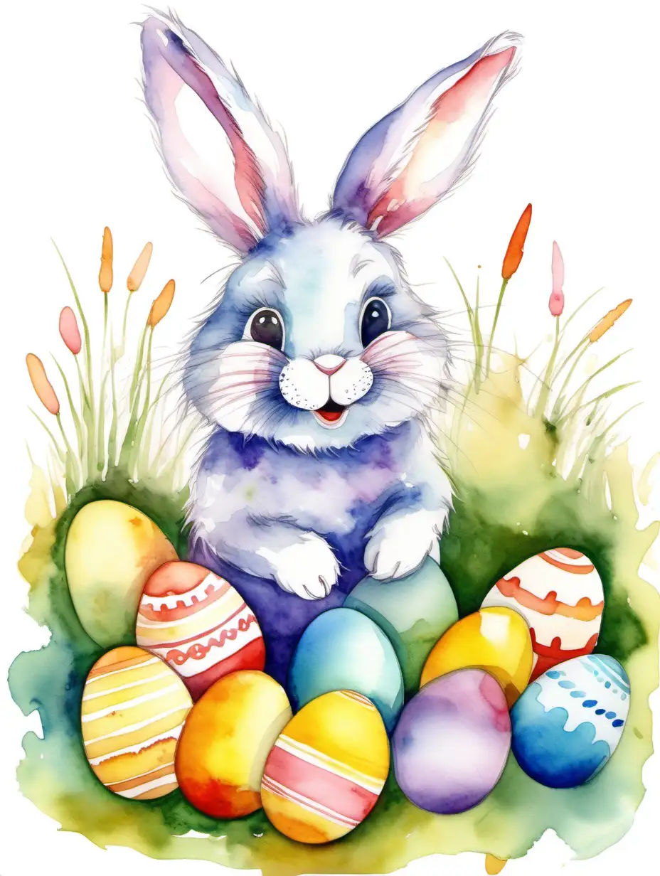 easter bunny, very fluffy, with colorful easter eggs around, watercolor on white background 