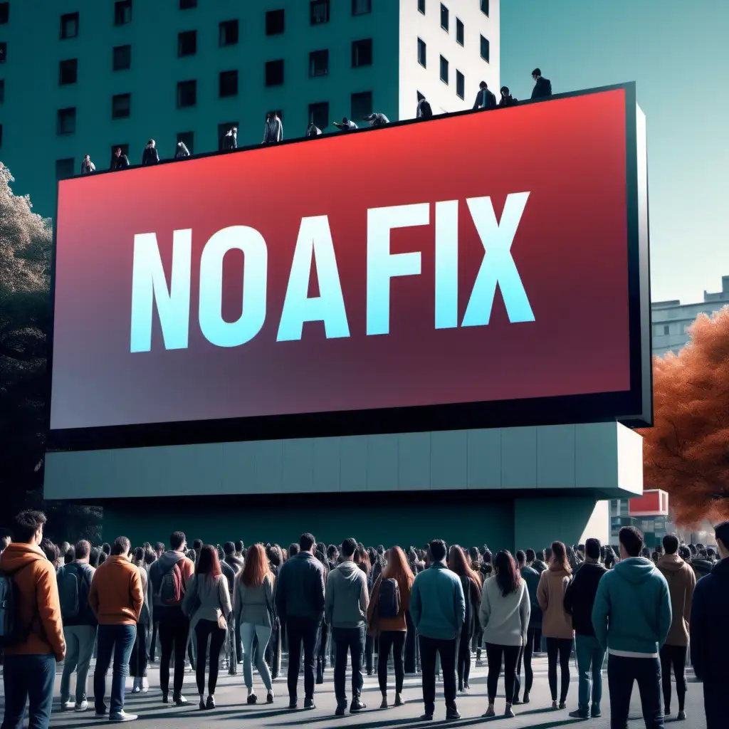 Ultra realistyczne 8k  zdiecie, tłum ludzi oglądający telebim ,napisz dużym telebimie, "NOAFIX" zdiecie ma być bardzo realistyczne i z ostrymi kolorami