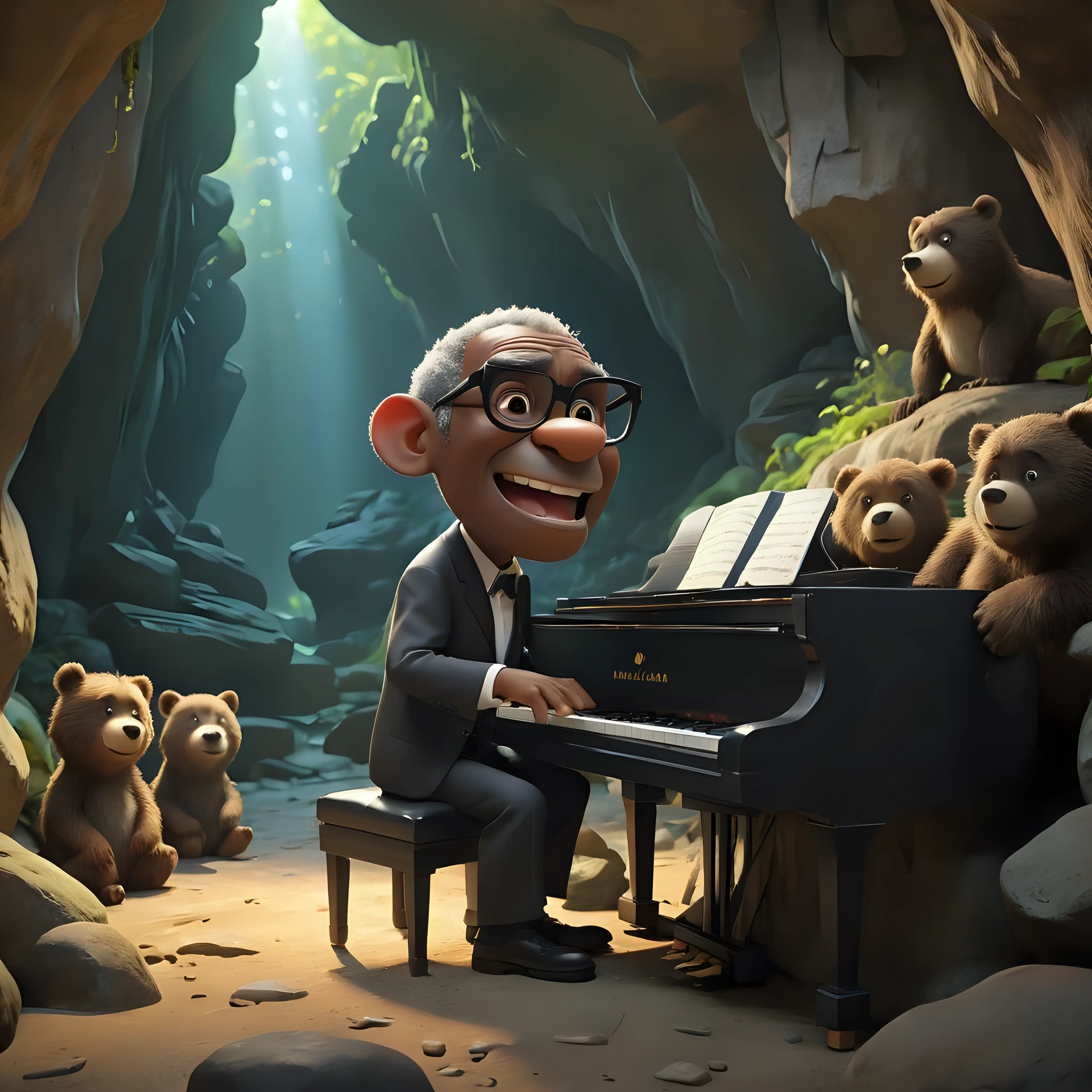 Ray Charles Playing Piano with Bears in a Cave Pixar Style 3D Art
