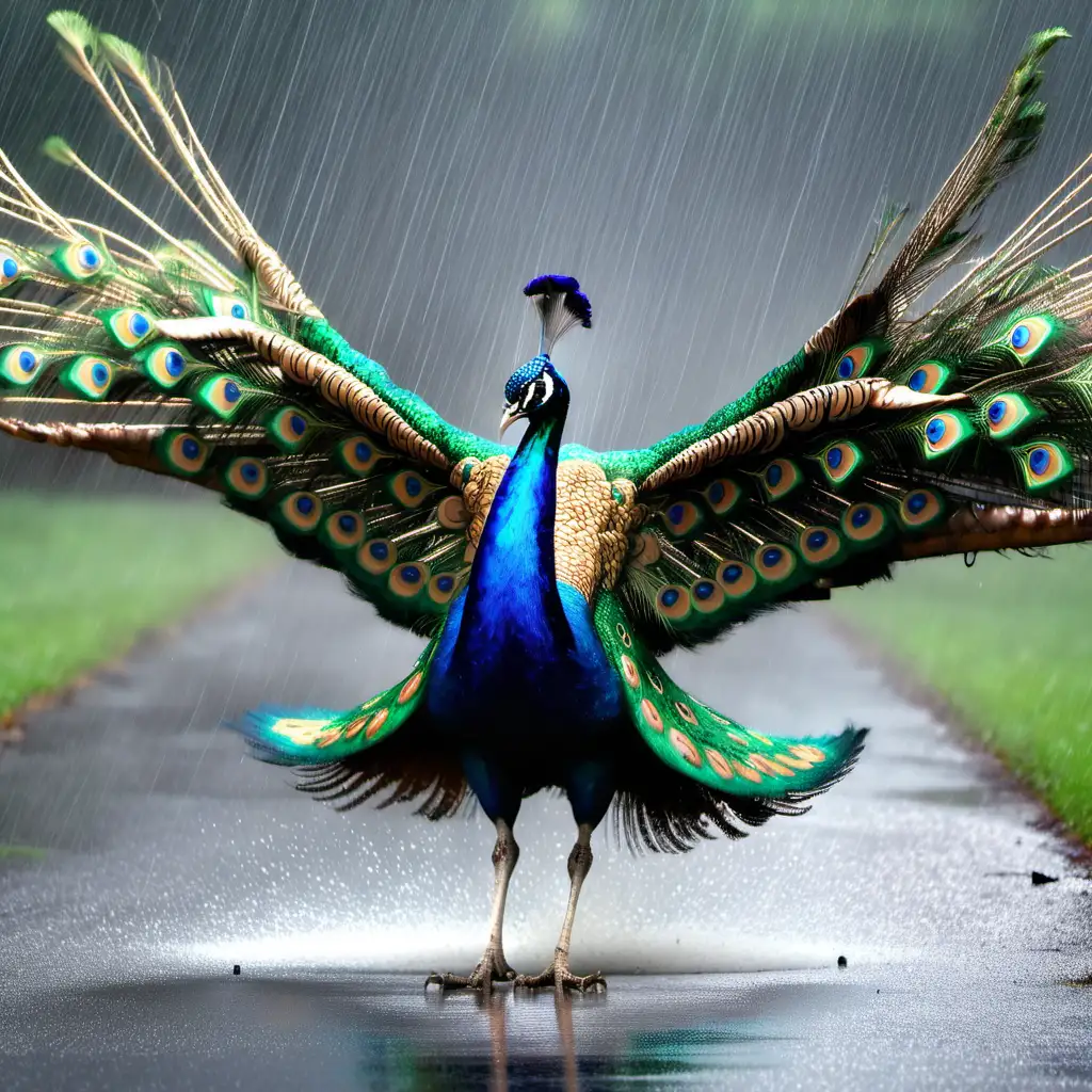 A colorful peacock flying in the rain with wings wide spread.