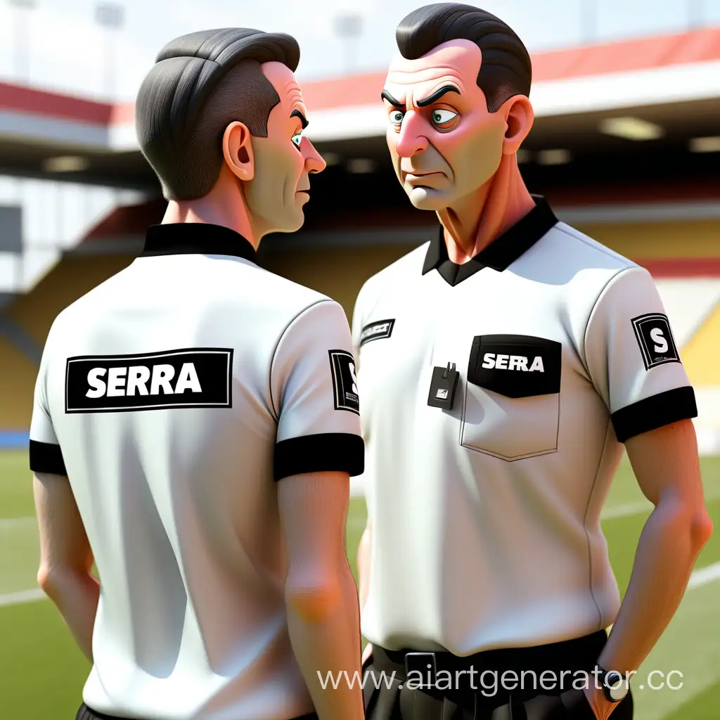 The back and front of a Super League football refere jersey t-shirt, the name is written as 'Serra, referee' on back the jersey. only t-shirt and white back side. Write serra only in one place. and only 1 color. T-shirts have both front and back sides. no number 