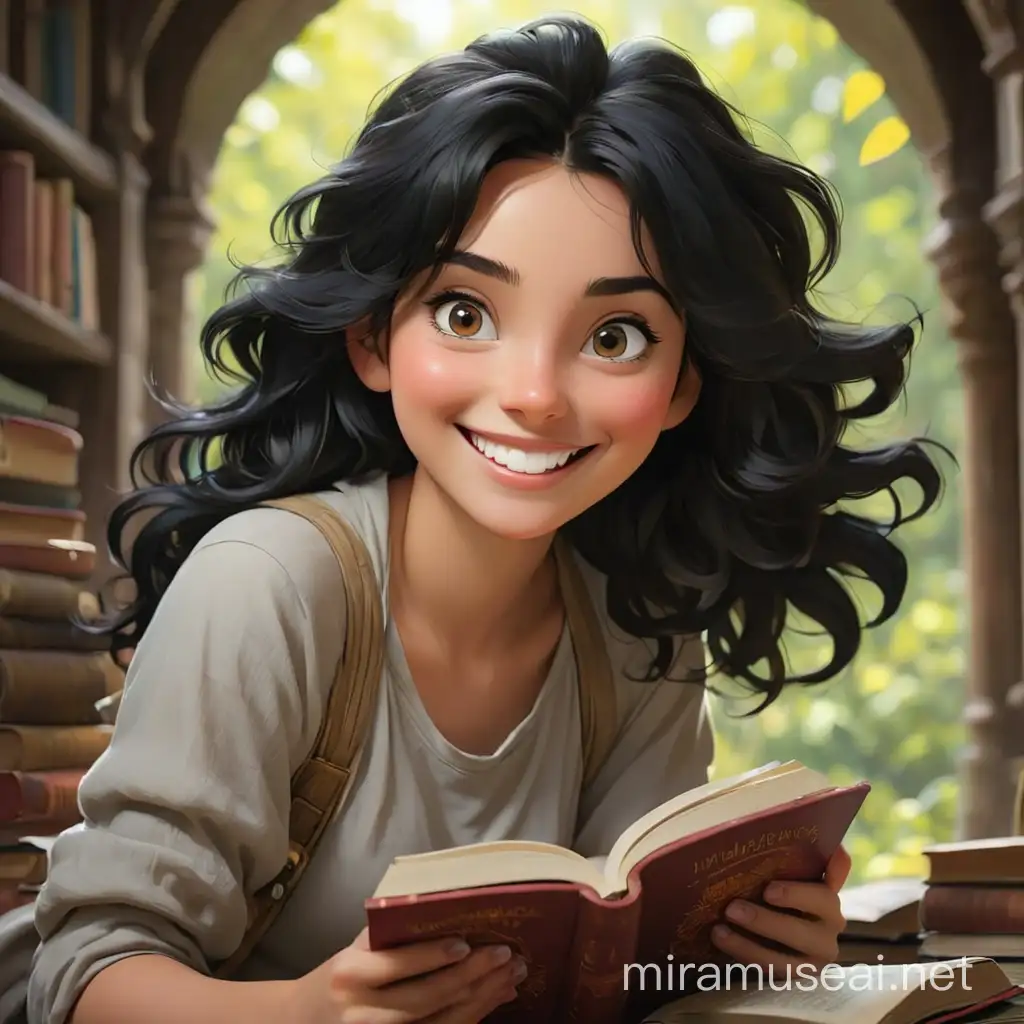 A human woman with black hair, smiling, with bright eyes, adventurous, with a book. 



