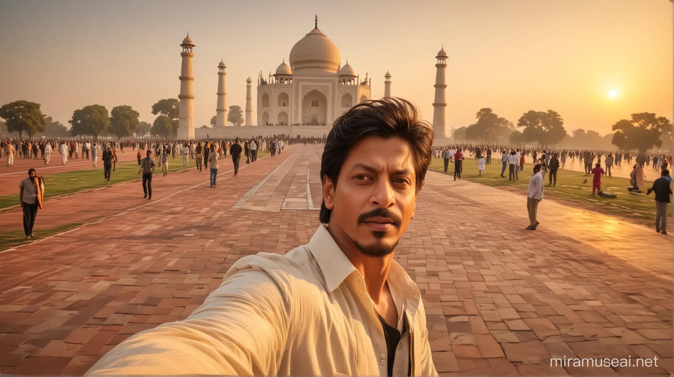 Create a highly detailed and sharp image of Bollywood superstar Shahrukh Khan taking a selfie in front of the Taj Mahal. The scene should capture the natural light of sunset behind him, casting a warm glow over the iconic monument. The focus should be sharp, highlighting both Shahrukh Khan and the intricate details of the Taj Mahal