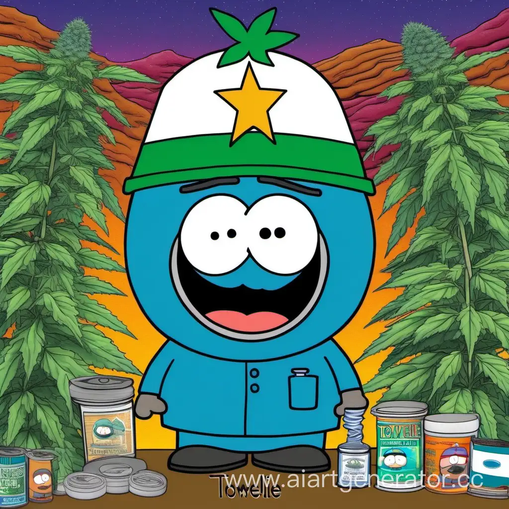  towelie from south park  Based on a South Park themed marijuana store advertising banner with a detailed base and elaborate background. Towelie smoking bong