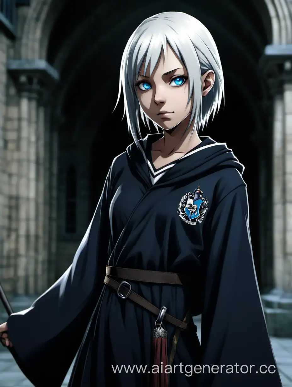  schoolgirl, cool girl, wearing a Hogwarts black robe, heraldic ravenclaw on  robe, with blue eyes, white hair, and an british, appearance. high quality and resolution, . Place him within Hogwarts to capture the atmosphere and intricate surroundings, 1girl, realistic, HD, 4k, standing,<more_details, beautiful eyes, witch hunter, raven on shoulder, soul eater maka albarn 15yo reference, katana