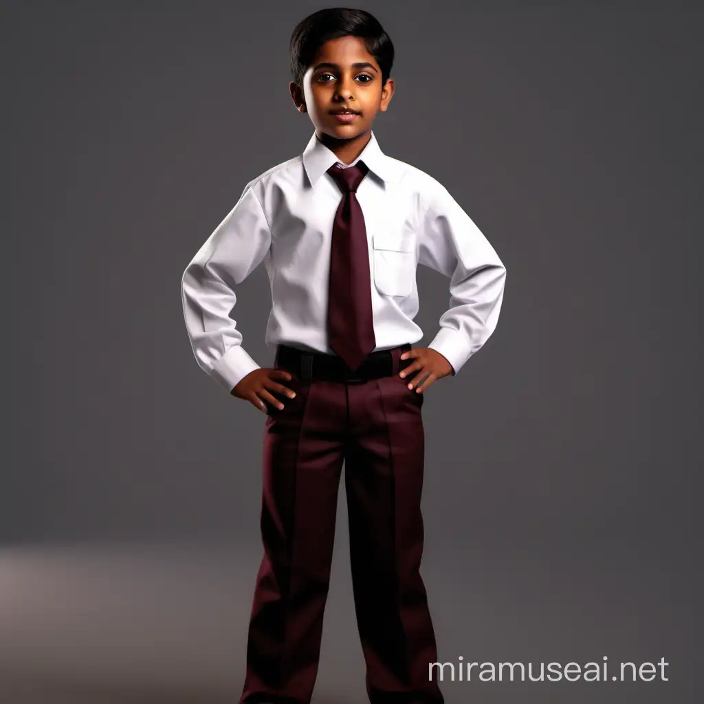 Create a realistic visual of an Indian school kid aged 13 years wearing uniform which has white shirt, dark maroon tie and same dark maroon coloured half trousers, the kid is brown skinned