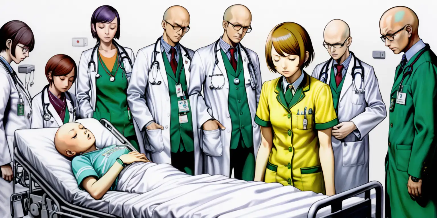Chie Satonaka from Persona 4, bald, in a hospital bed, sad, no hair, blank eyes, being bald is critical, hairless, surrounded by hospital machines, sick, tired expression, asleep, eyes closed, sleeping, color pencil drawing, amateur, surrounded by concerned doctor, nurses and doctors standing nearby, multiple characters, sad scene, dark coloring,