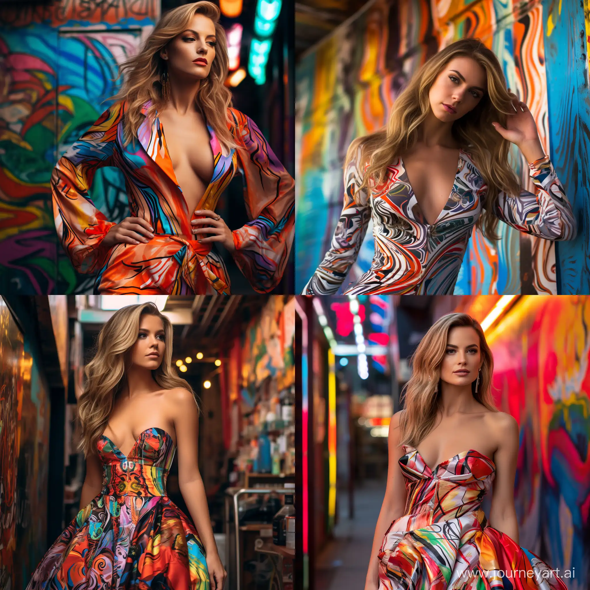 kelly boesch style, vibrant fashion model, flowing patterned dress, bold contrasting colors, graffiti-covered wall, bustling city, neon lighting, 16:9 aspect ratio, high artistic level