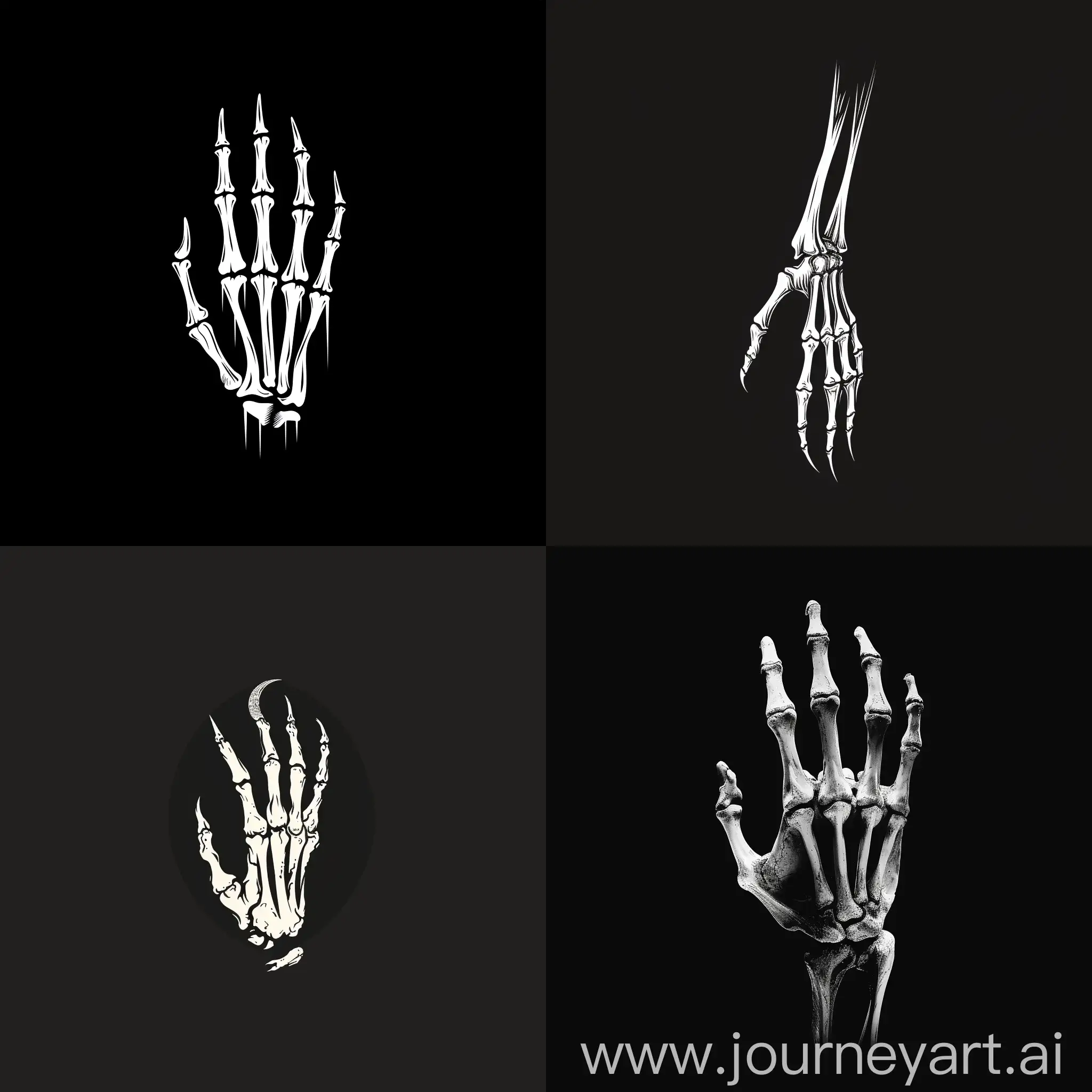 reaper hand, bone hand, logo, black and white, minimalistic, black background