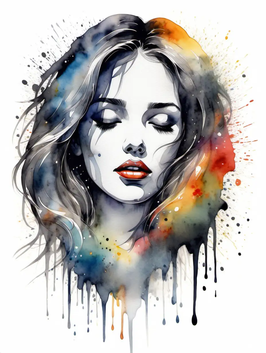 Retro Watercolor Portrait Dreaming Beauty with Colorful Tears