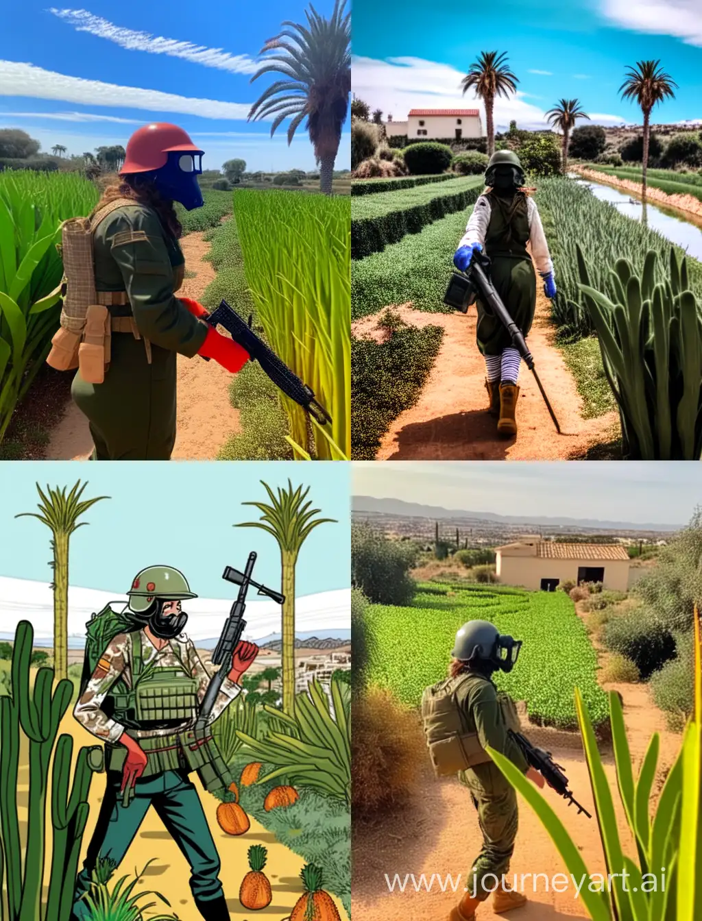 Female-Soldier-in-Gas-Mask-in-Murcia-Vegetable-Garden