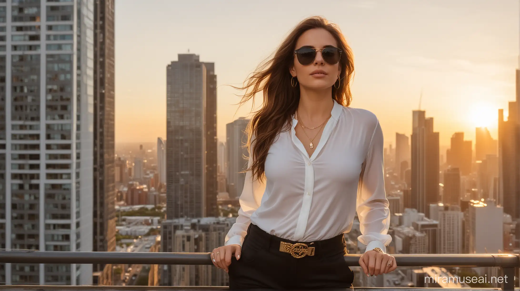Brunette Woman in Chic Urban Sunset