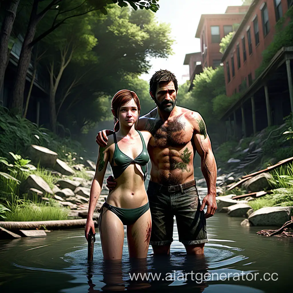 create an image of ellie and joel from the last of us where they are both in swimwear and swimming in a  creek